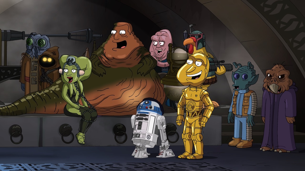 Family Guy Star Wars “It’s a Trap” Jabba’s palace scene with Joe as Jabba, Cleveland as R2-D2, Quagmire as C-3PO and the Giant Chicken as Boba Fett.