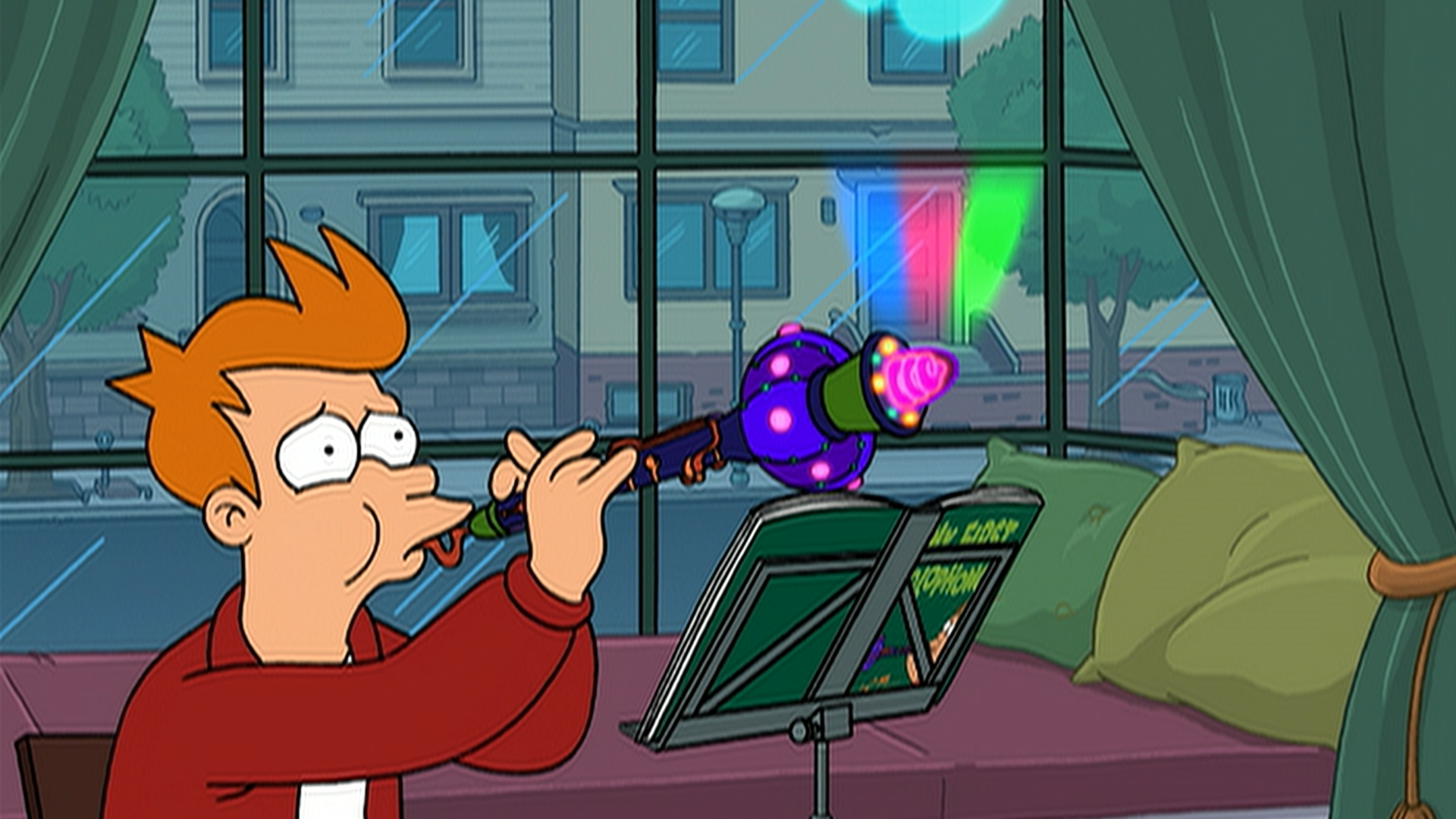 Fry (Billy West) plays a brightly coloured futuristic wind instrument beside a music stand.