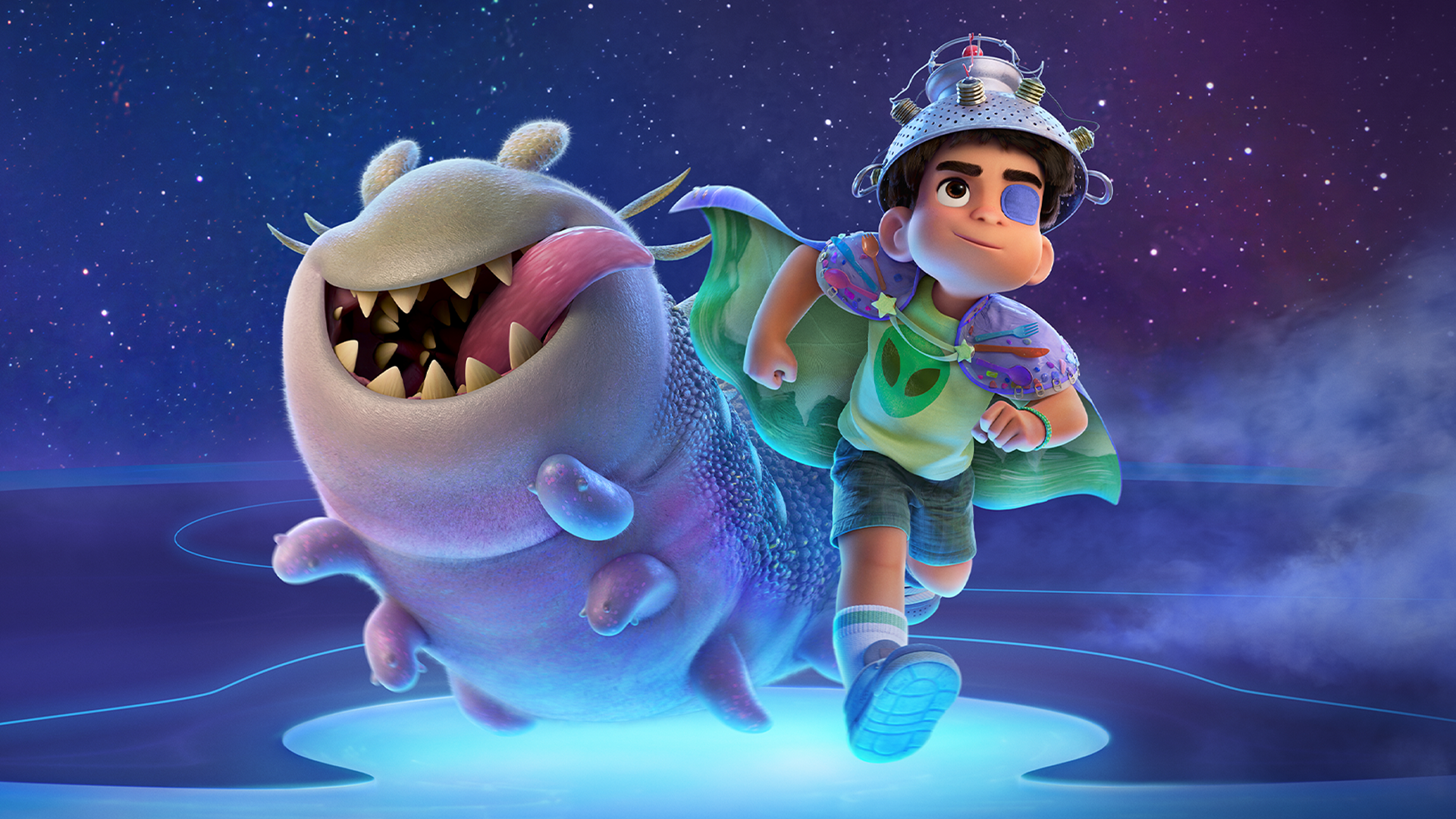 Elio (voiced by Yonas Kibreab) and Glordon (voiced by Remy Edgerly) run through a purple, star-studded landscape