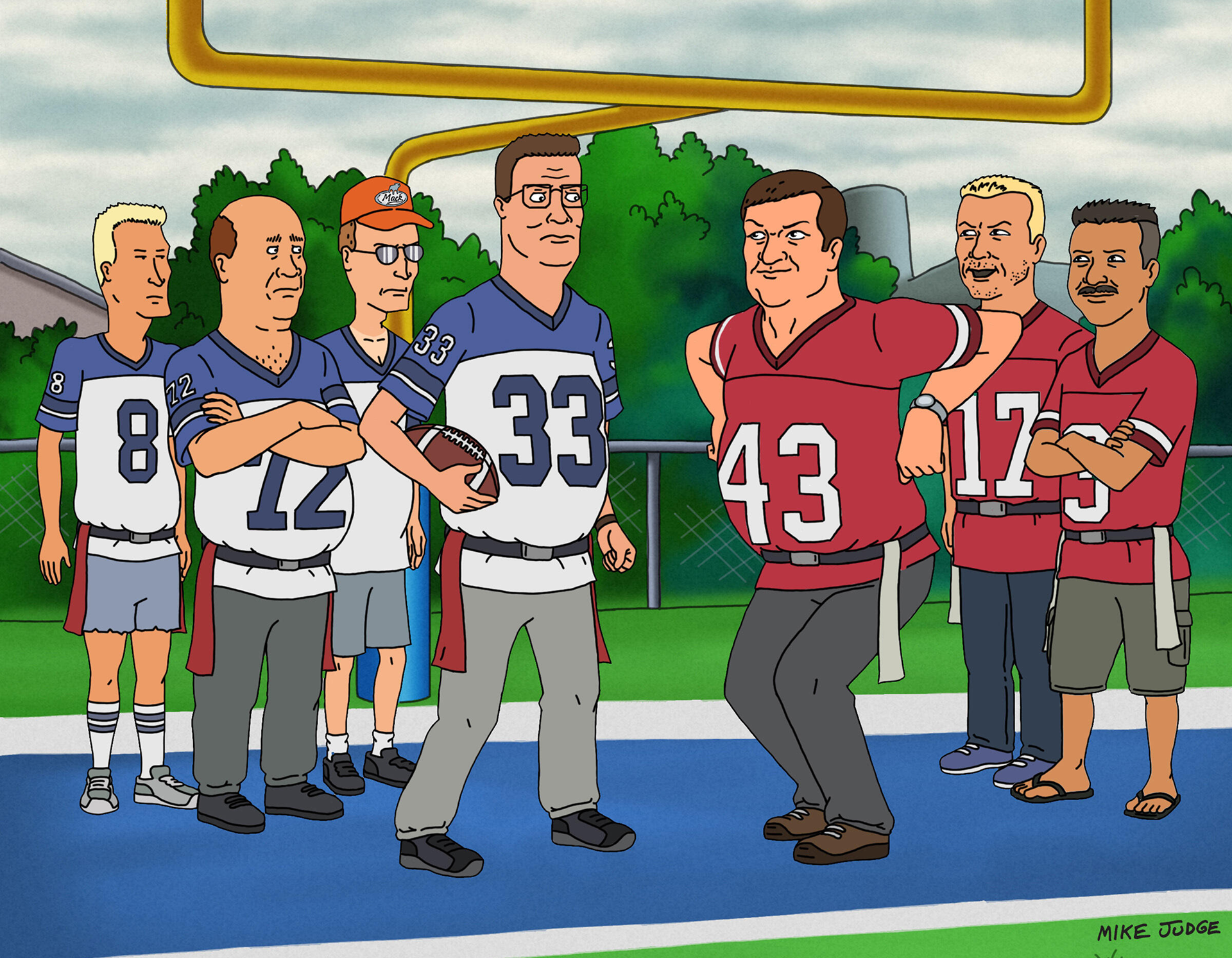 Hank Hill and friends playing football in the endzone, from Season 14 of King of the Hill.