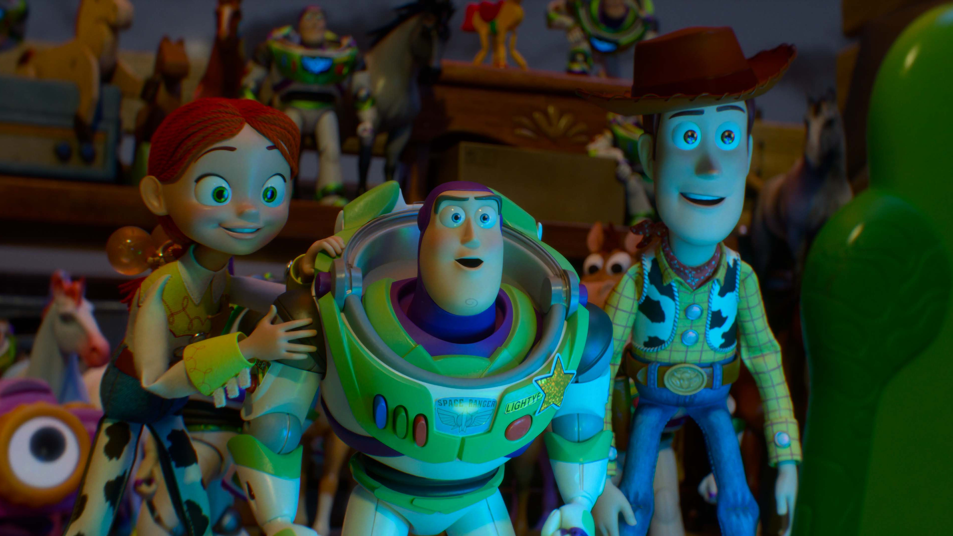 Jessie, Buzz Lightyear, and Woody looking in awe at something off-screen in Toy Story 5