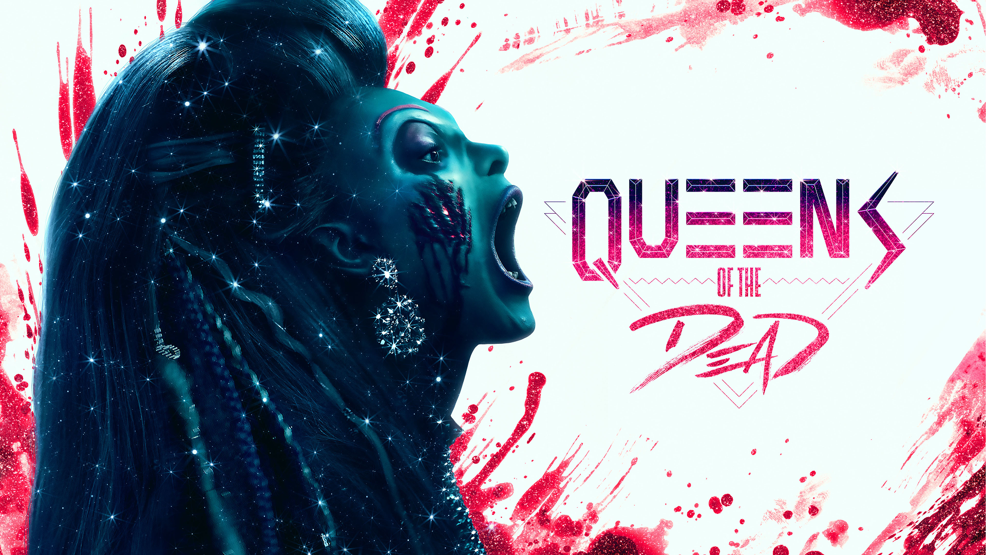 This image is a promotional poster for the 2025 horror-comedy film Queens of the Dead, directed by Tina Romero.