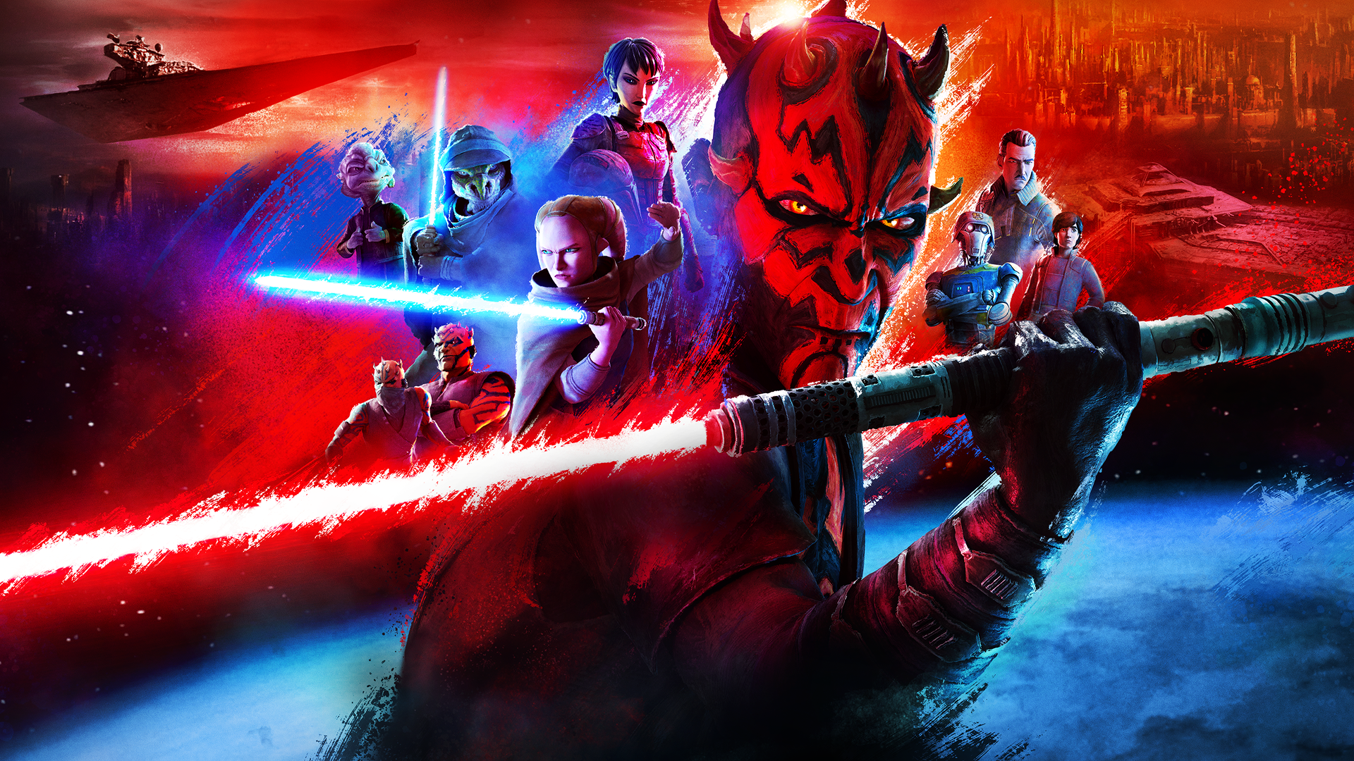 This image features the character Darth Maul from the Star Wars universe, specifically as he appears in the upcoming animated series Star Wars: Maul – Shadow Lord. 