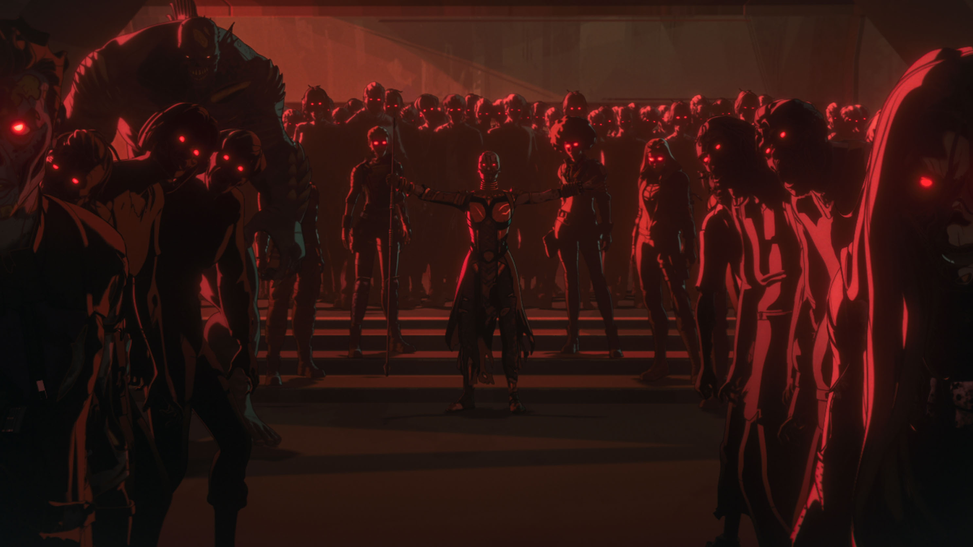 A crowd of zombies gather, bathed in red light.