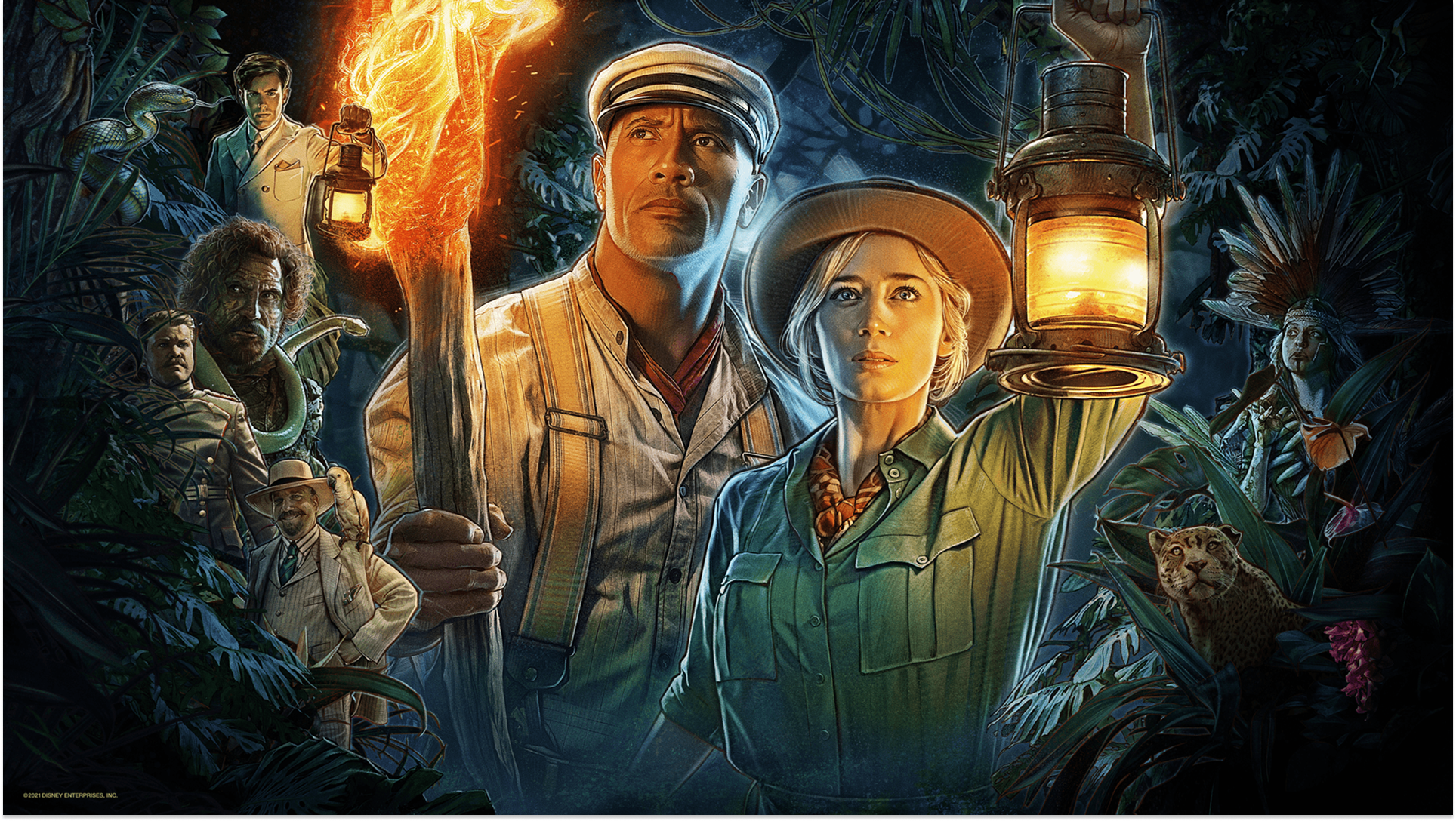 Dwayne Johnson as skipper Frank Wolff and Emily Blunt as Dr. Lily Houghton in Jungle Cruise