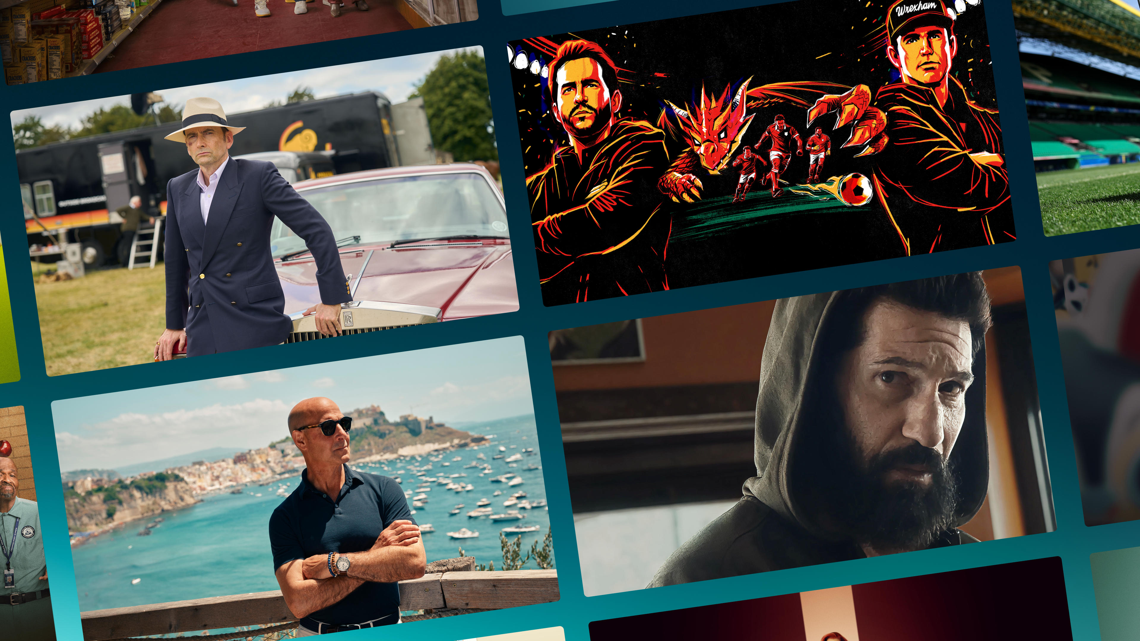 A collage of some of the new titles on Disney+ Australia in May 2026, including Rivals, Welcome to Wrexham, and Tucci in Italy