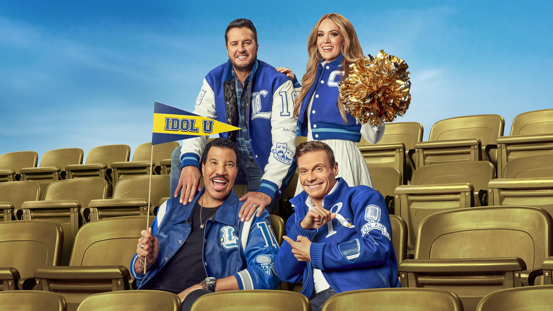 Judges Lionel Richie and Luke Bryan, alongside judge Carrie Underwood and host Ryan Seacrest, posing together at "Idol University" in Nashville.