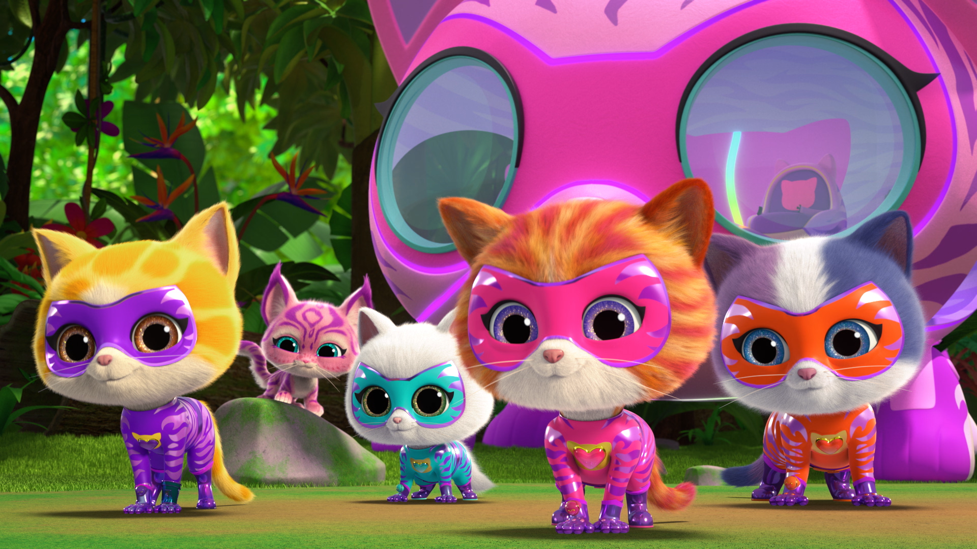 This is a scene from the animated children's television series SuperKitties featuring Ginny, Sparks, Buddy, and Bitsy.