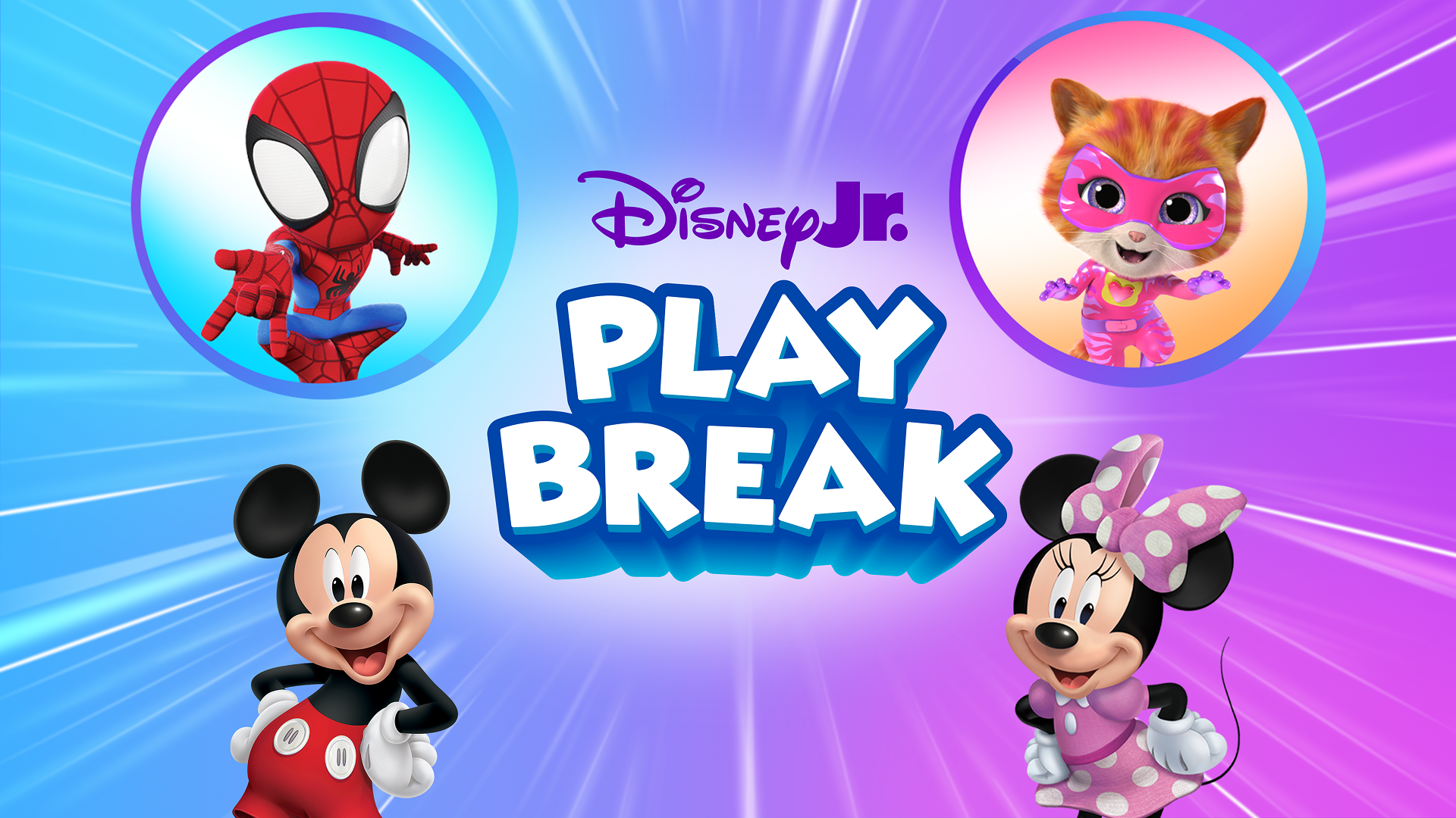 This is a Disney Jr. Play Break branded graphic featuring characters like Mickey Mouse and Spidey.