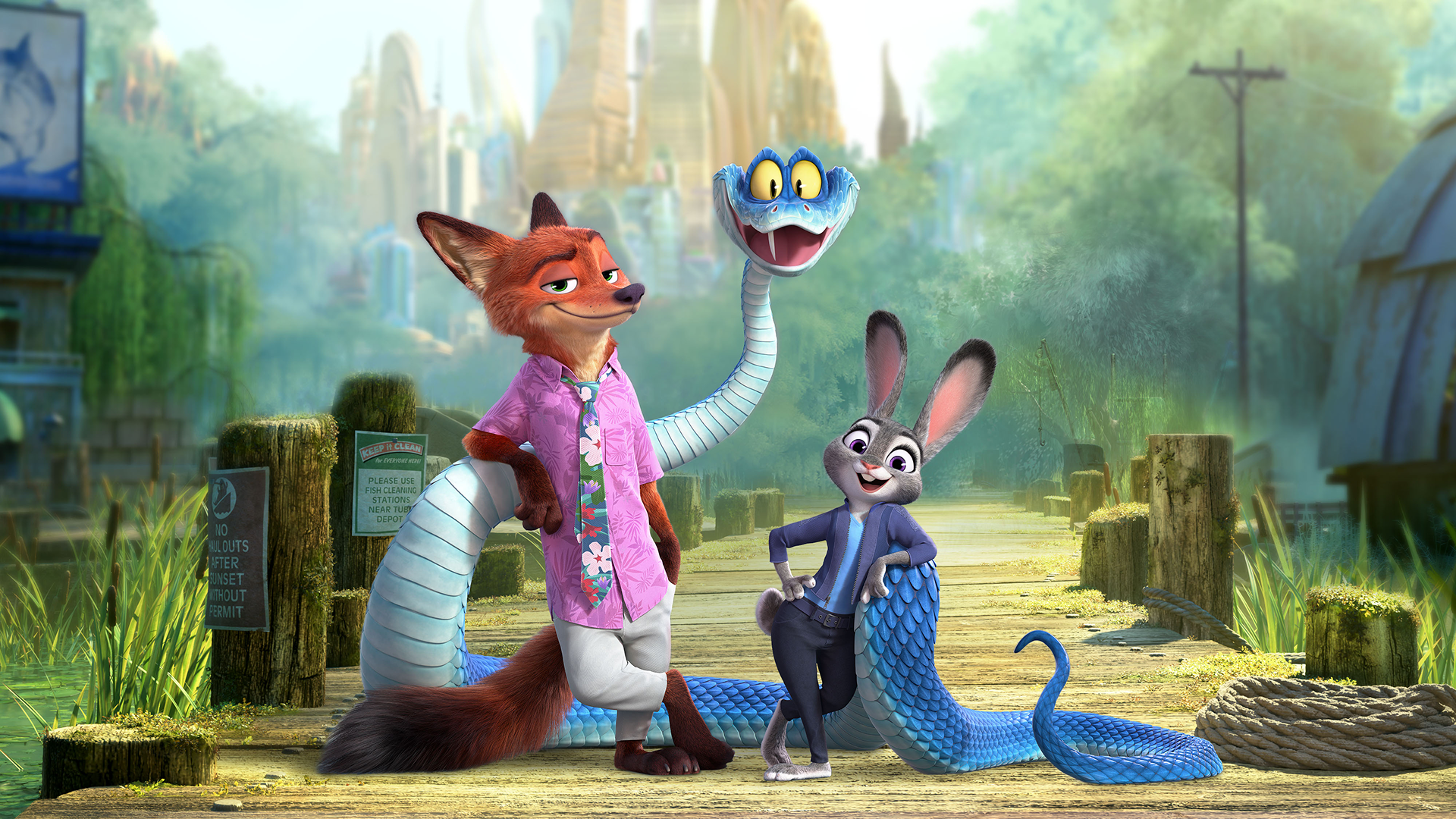 The image is from the animated film Zootopia 2, featuring the main characters Judy Hopps and Nick Wilde alongside Gary De’Snake.
