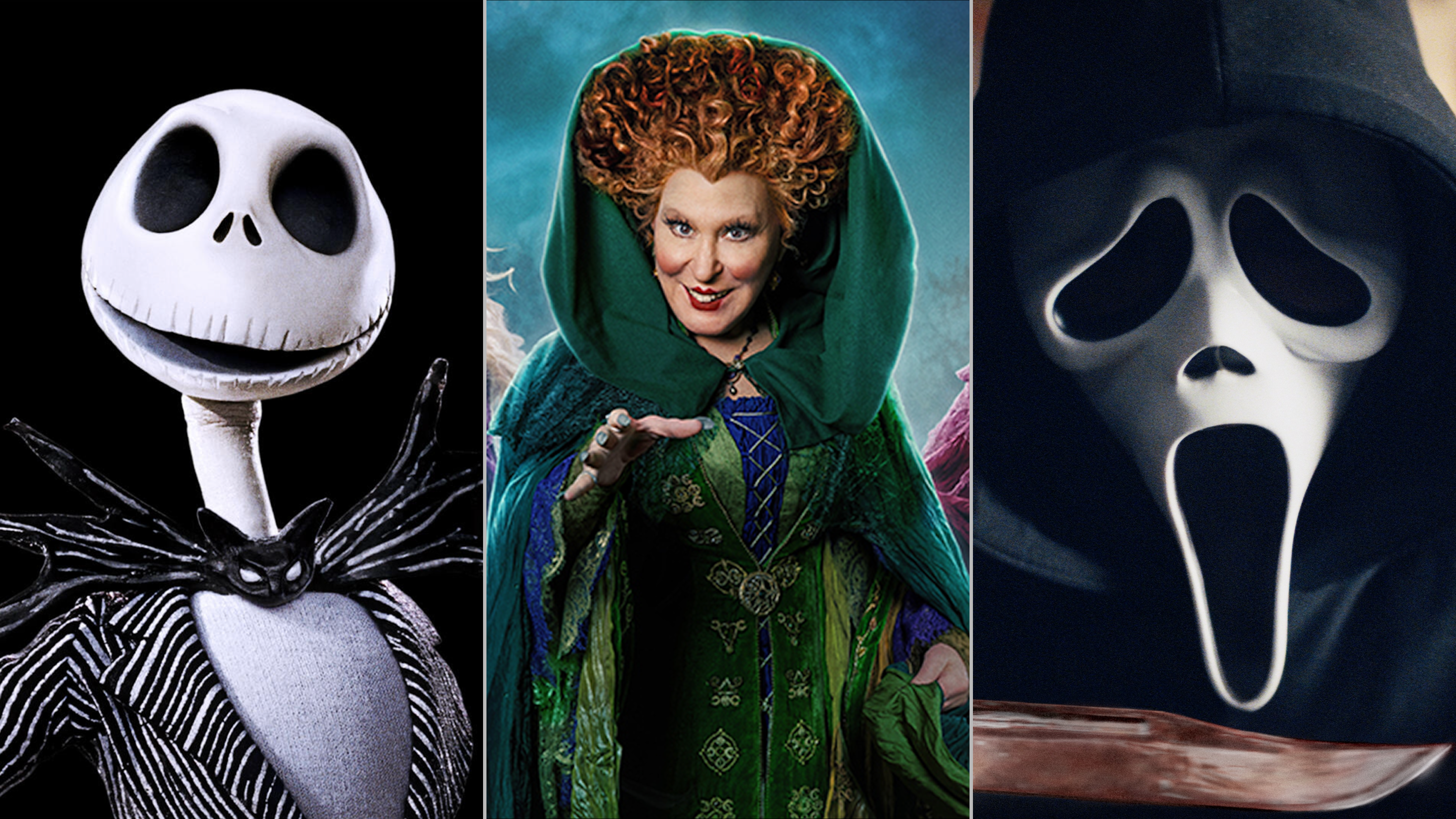 An image split into three parts, featuring the Jack Skellington from Tim Burton's The Nightmare Before Christmas, Winifred Sanderson (Bette Midler) from Hocus Pocus, and Ghostface from Scream.