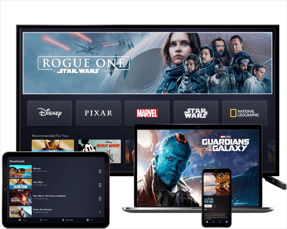 The Disney+ product UI shown on a TV, laptop, tablet, and mobile device