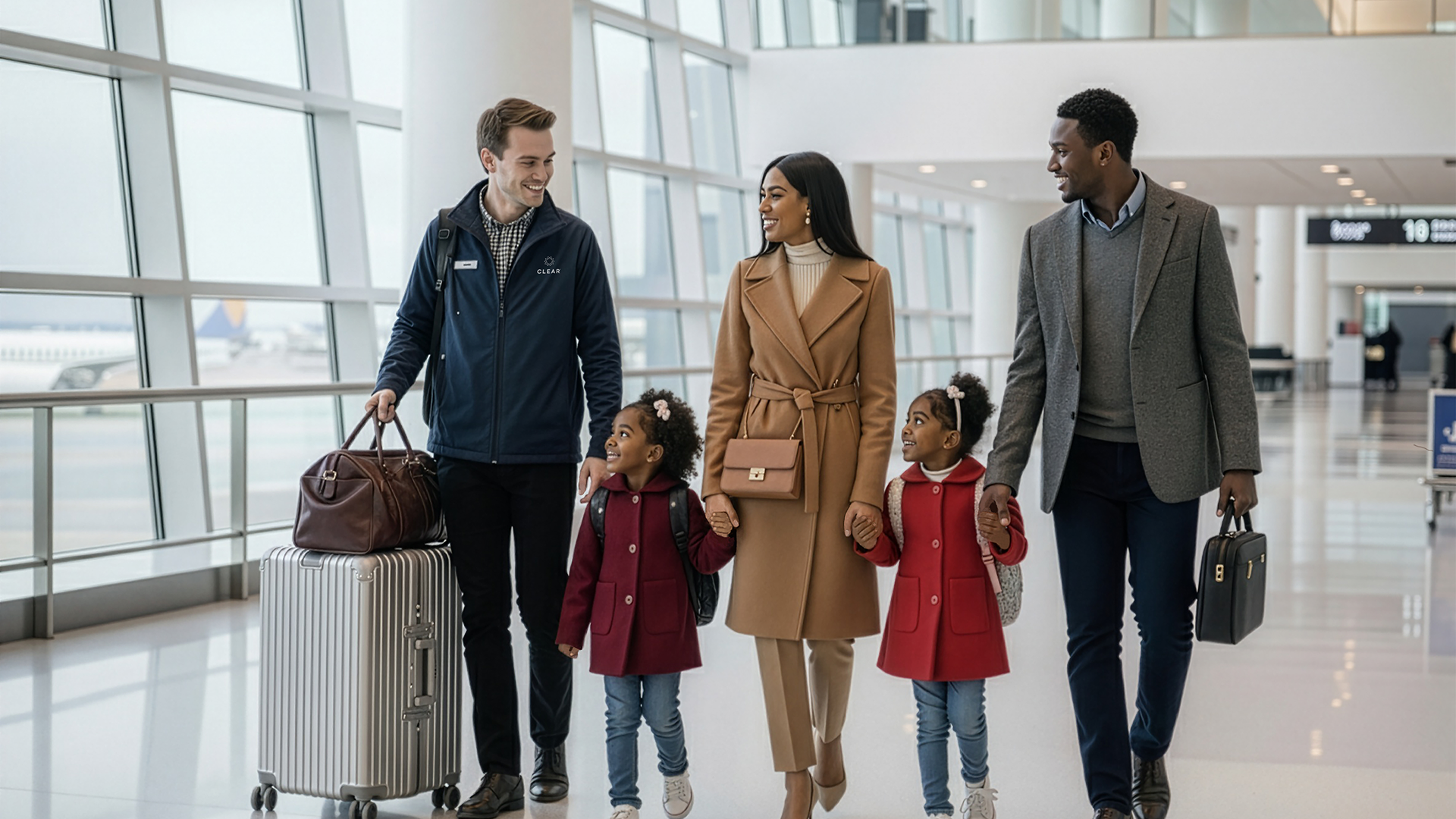 A CLEAR employee escorts a family and their luggage through an airport.