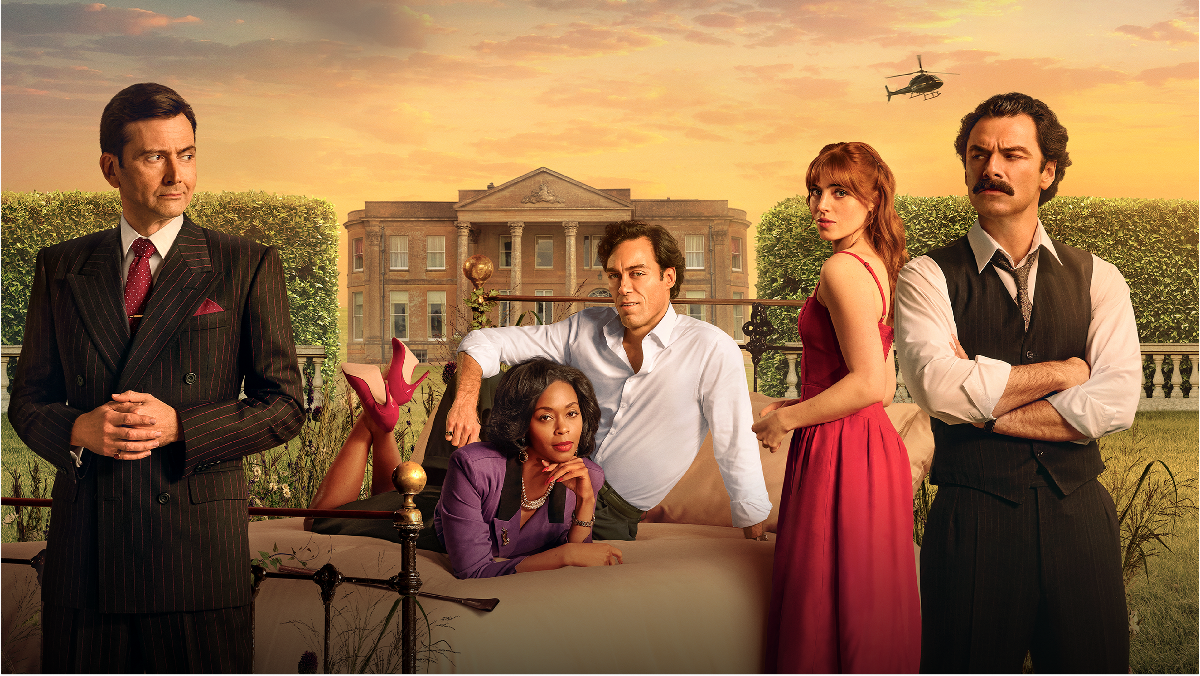 This image features the cast of Rivals, a British television drama series based on the novel by Jilly Cooper.