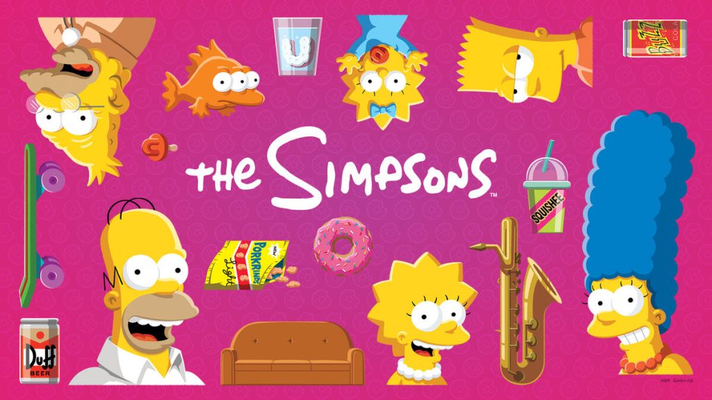 Colorful promotional image for The Simpsons showing the main characters