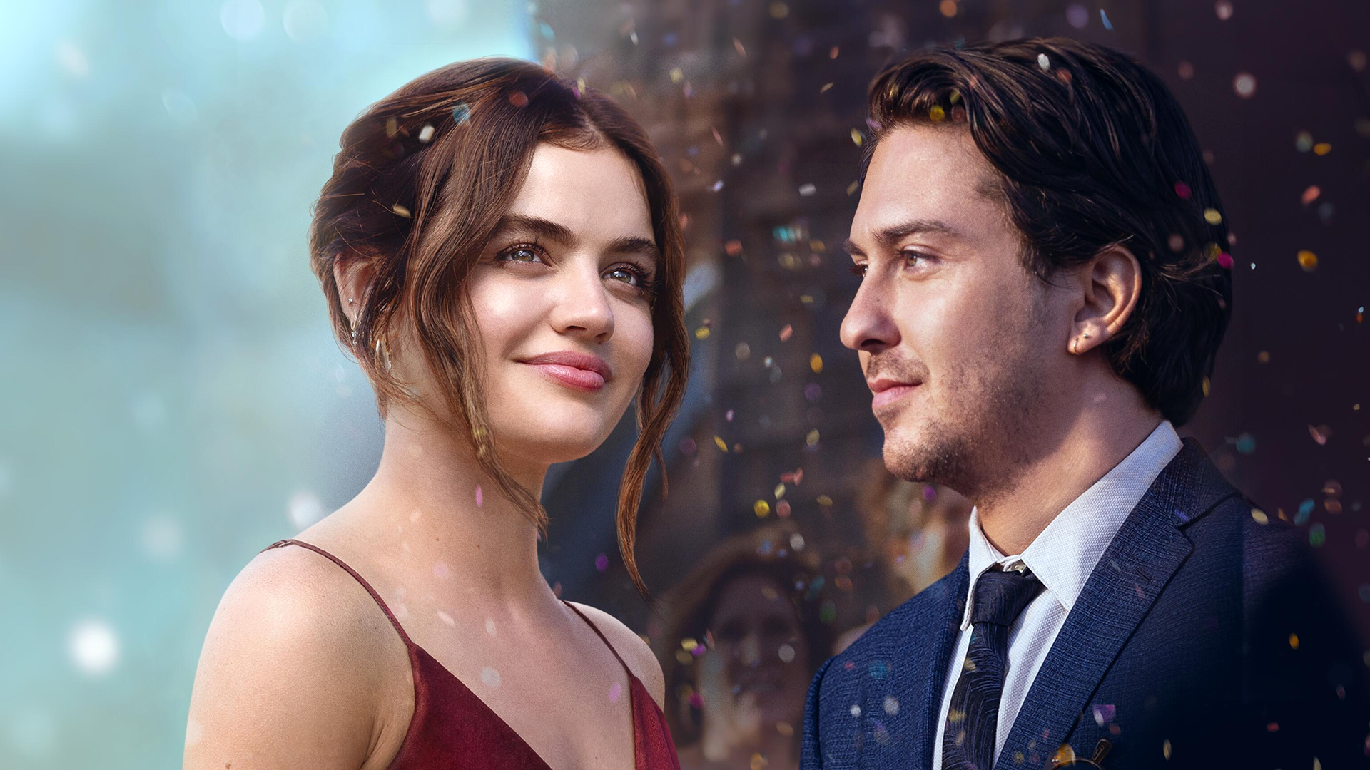 A closeup of Jane (Lucy Hale) and Will (Nat Wolff) outside a church covered in confetti from Which Brings Me to You