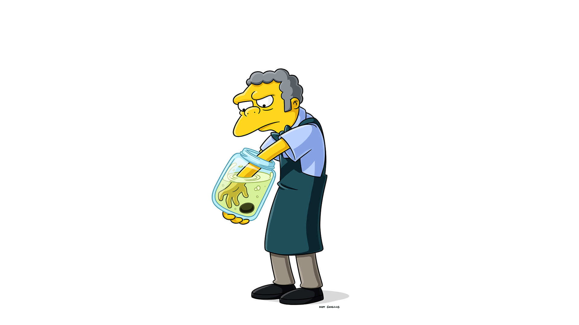 This character is Moe Szyslak, the cynical bartender from The Simpsons. He is depicted wearing his signature blue shirt and dark green apron.