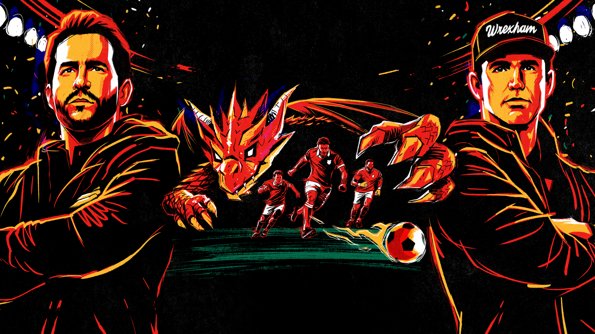 Key art for Welcome to Wrexham S5 featuring club co-owners Ryan Reynolds and Rob McElhenney.
