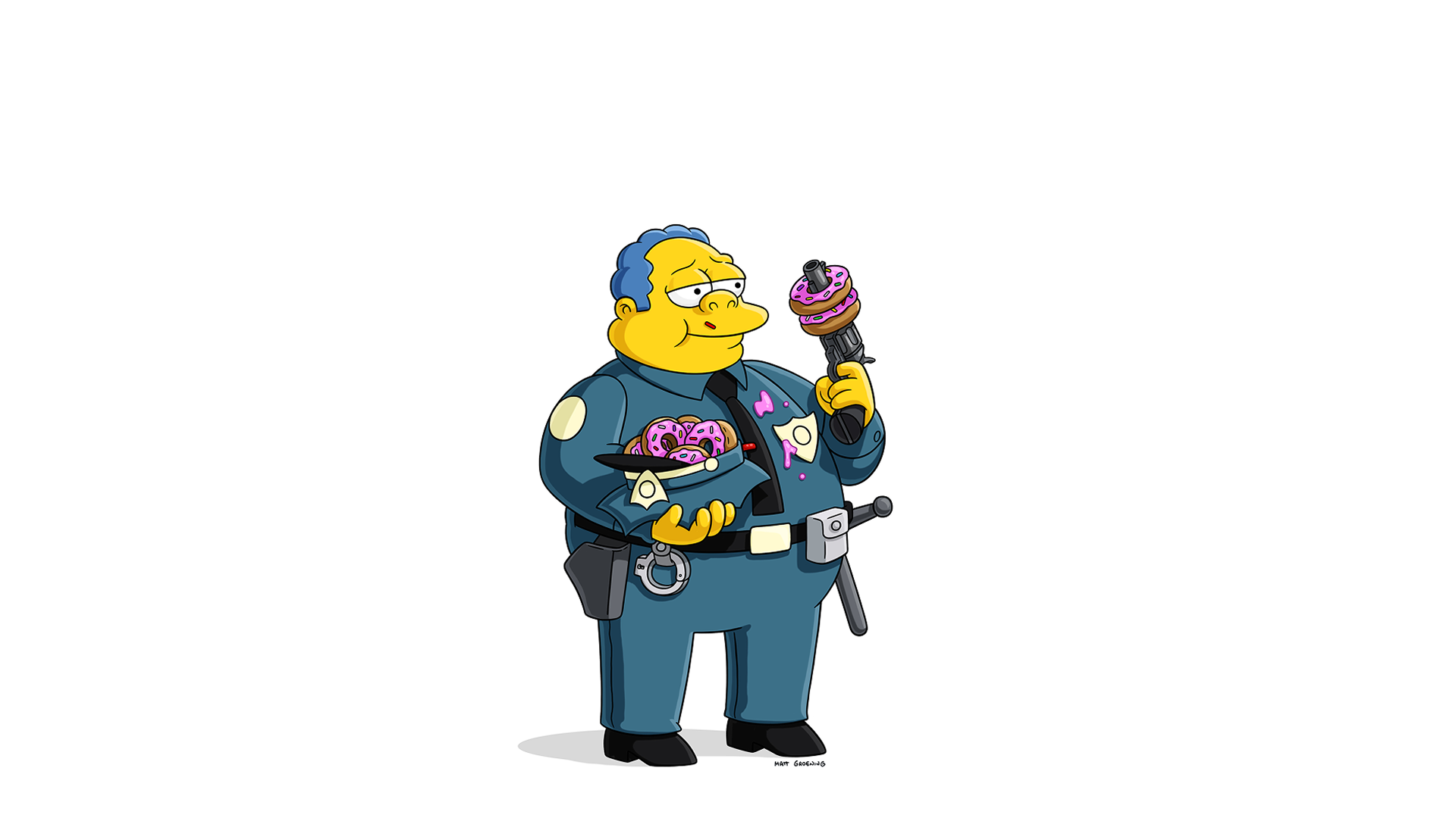 This digital illustration features Chief Clancy Wiggum from The Simpsons, known as the lazy, doughnut-loving head of the Springfield Police Department. He is portrayed as a stereotypical incompetent officer, holding a gun used to impale a pink-frosted doughnut.