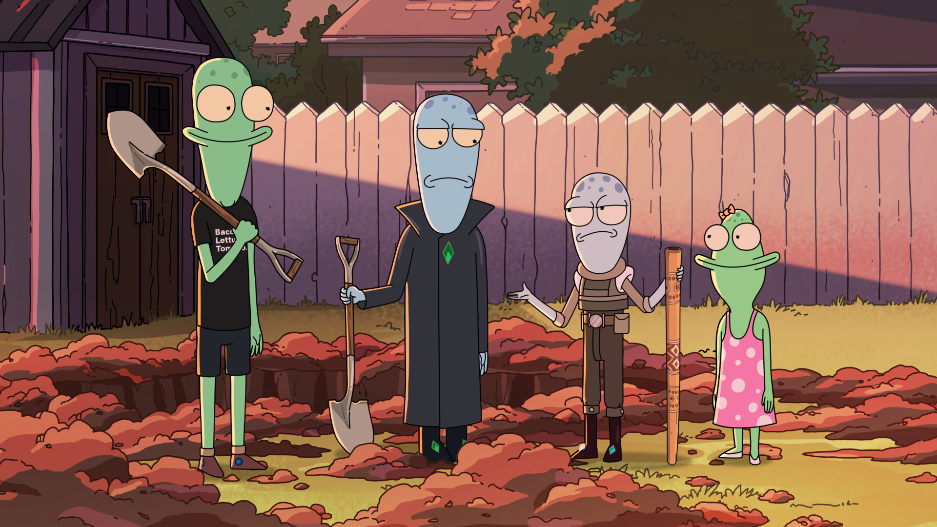 A group of animated aliens stand in a yard digging a hole