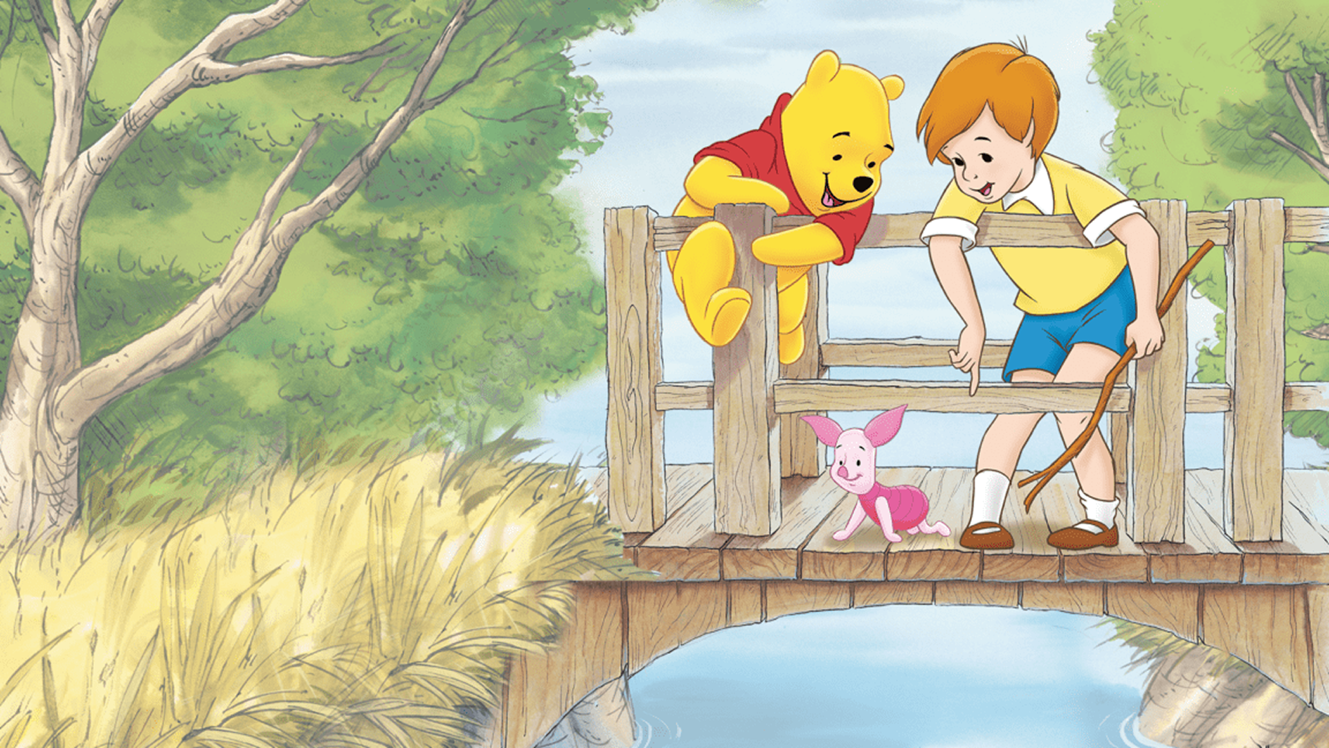 This image shows Winnie the Pooh, Piglet, and Christopher Robin standing on a wooden bridge, in a scene from "The Many Adventures of Winnie the Pooh". 