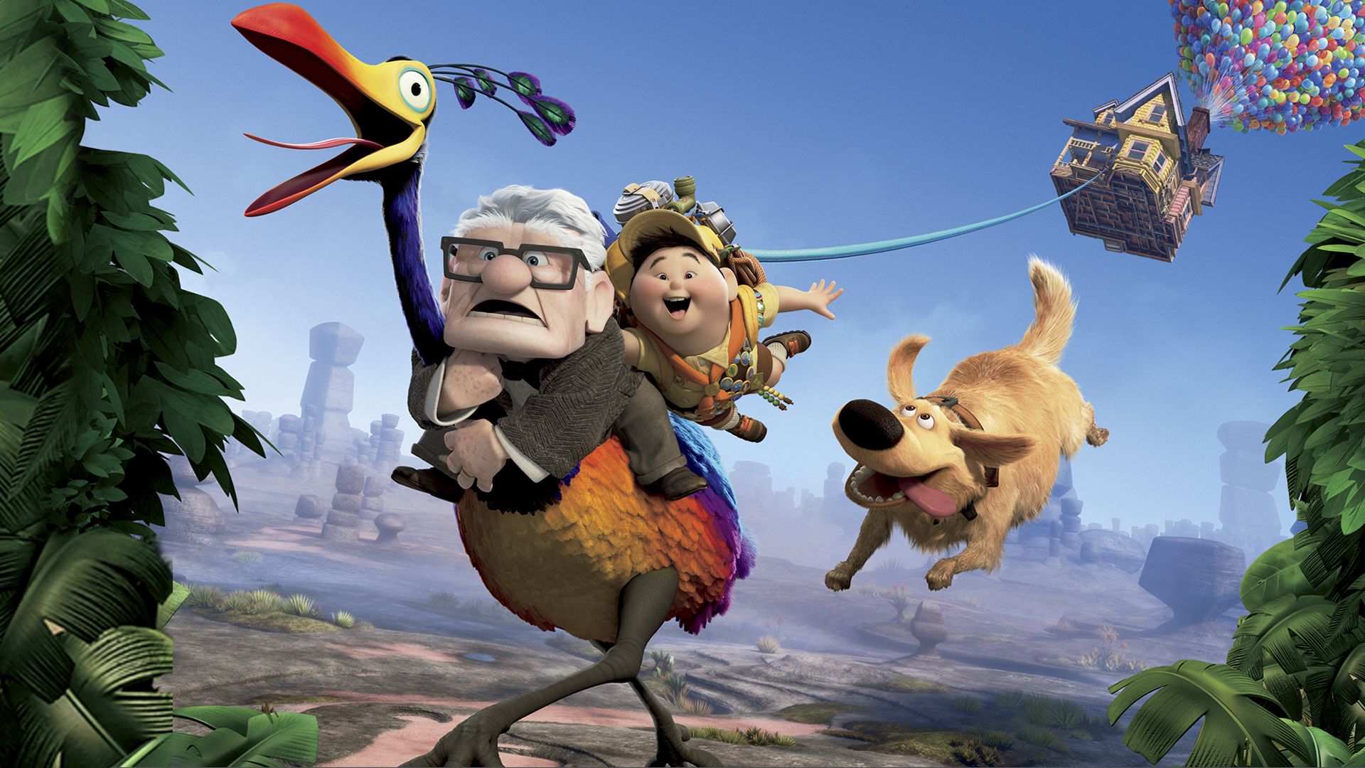 Carl Fredricksen, young Wilderness Explorer Russell, the colorful bird Kevin, and the dog Dug in Up