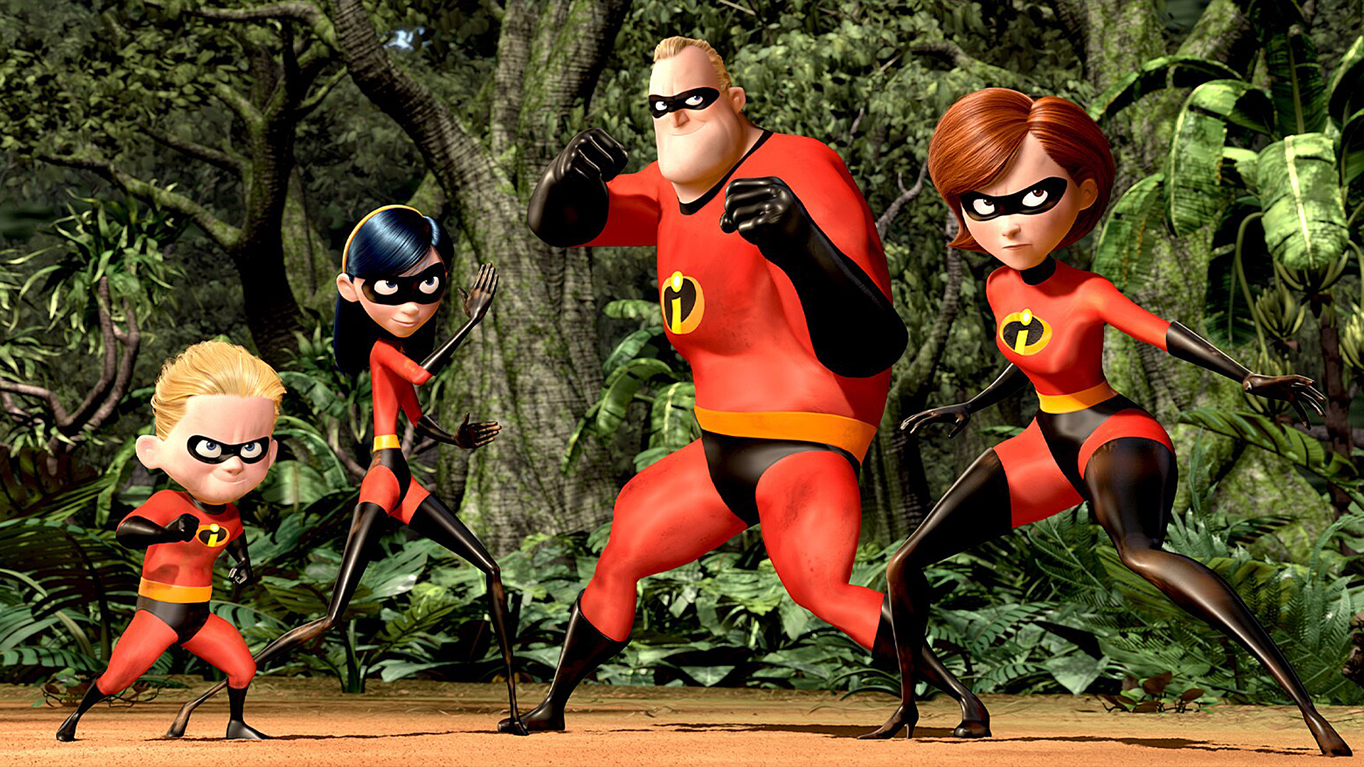 The Incredibles superhero family poses, ready for action