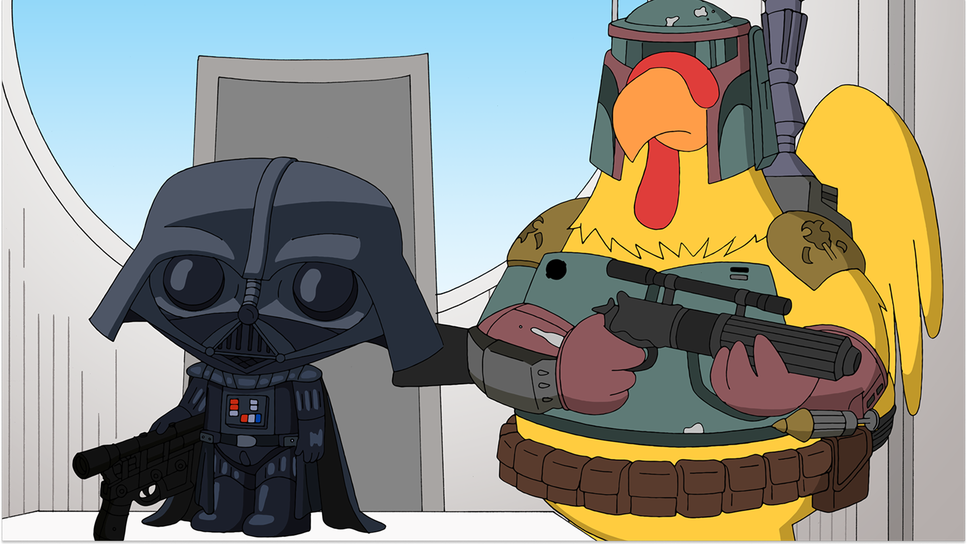 Stewie as Darth Vader and Giant Chicken as Boba Fett in Something, Something, Something, Dark Side