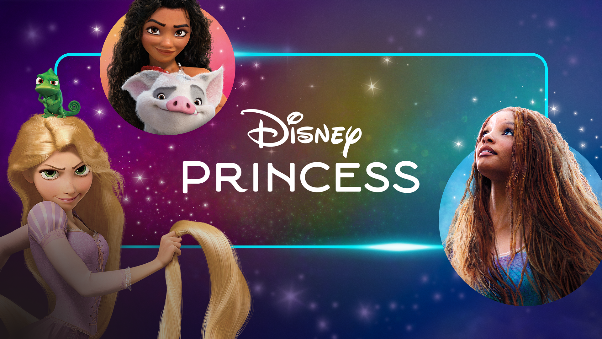 This promotional graphic features various characters from the Disney Princess franchise, including Rapunzel, Moana, and Ariel.