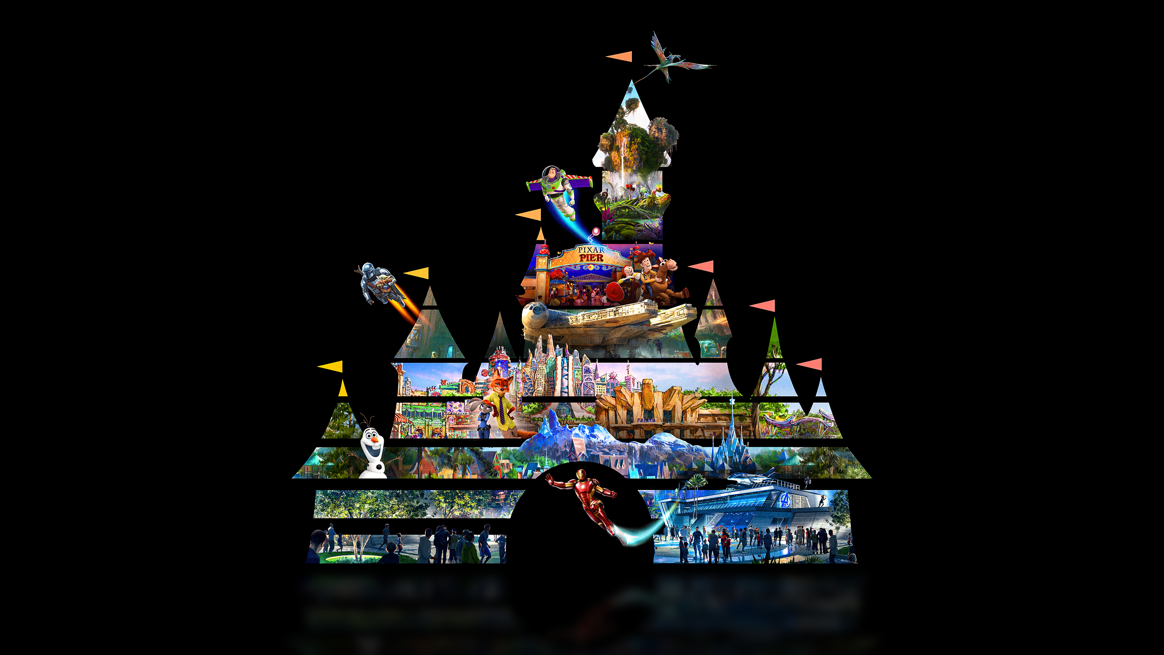 Key art for Disney Worldbuilders featuring the iconic Walt Disney Pictures castle logo with various Disneyland attractions showcased in the outline of the castle.
