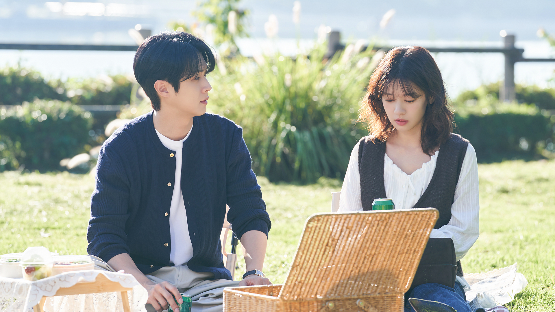 Kim Woo-joo (Choi Woo-shik) and Yoo Mary (Jung So-min) on their first official picnic date at a park.