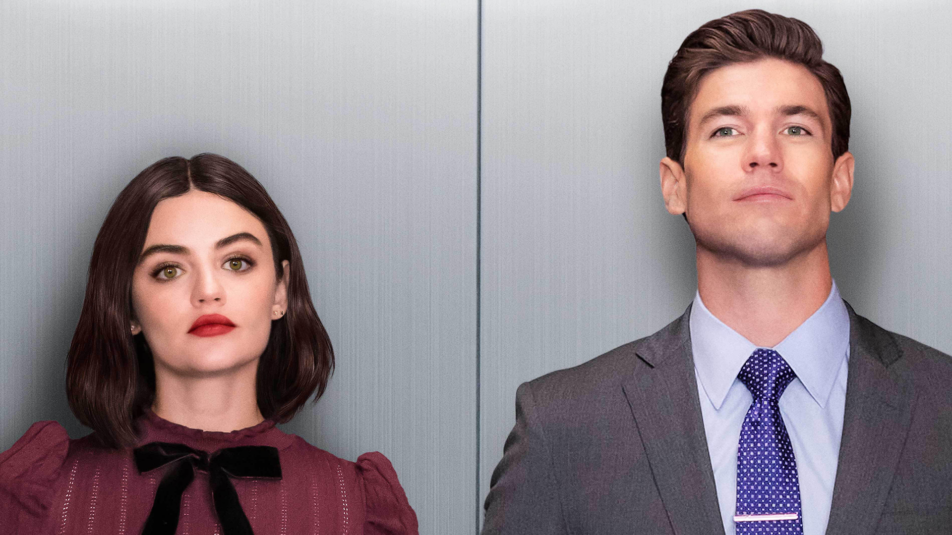 A closeup of Lucy (Lucy Hale) and Joshua (Austin Stowell) in The Hating Game