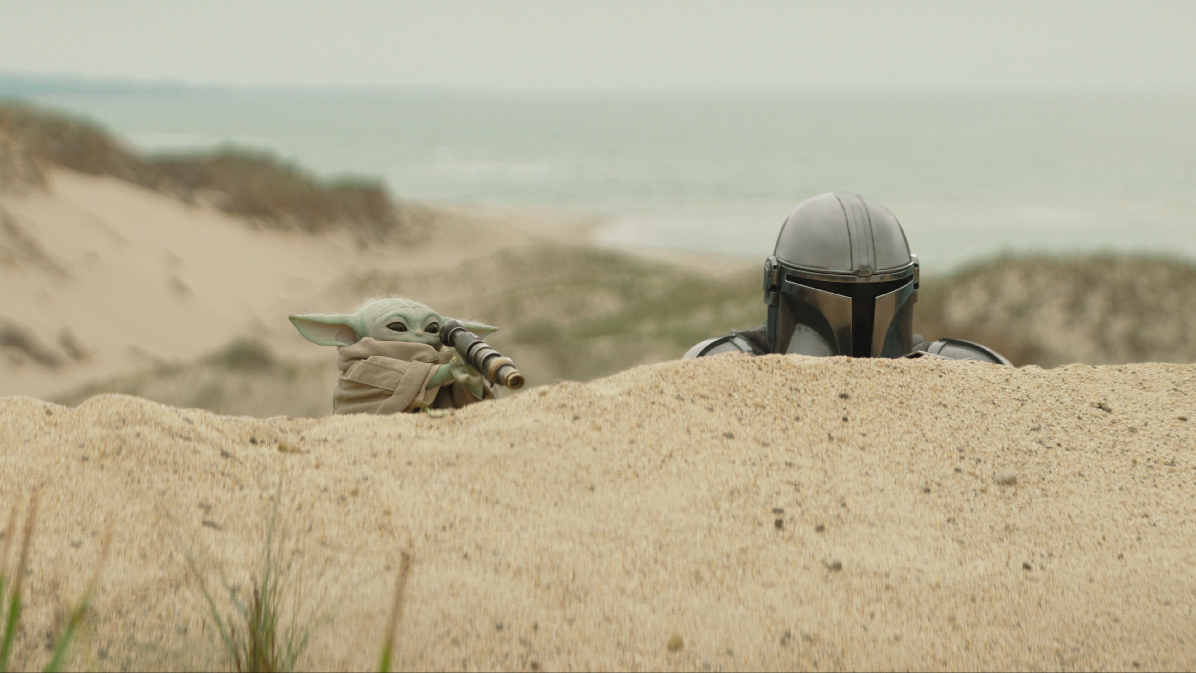 (De izquierda a derecha) Grogu y el mandaloriano (Pedro Pascal) en The Mandalorian and Grogu, de Lucasfilm. Foto cortesía de Lucasfilm. © 2025 Lucasfilm Ltd™. Todos los derechos reservados.