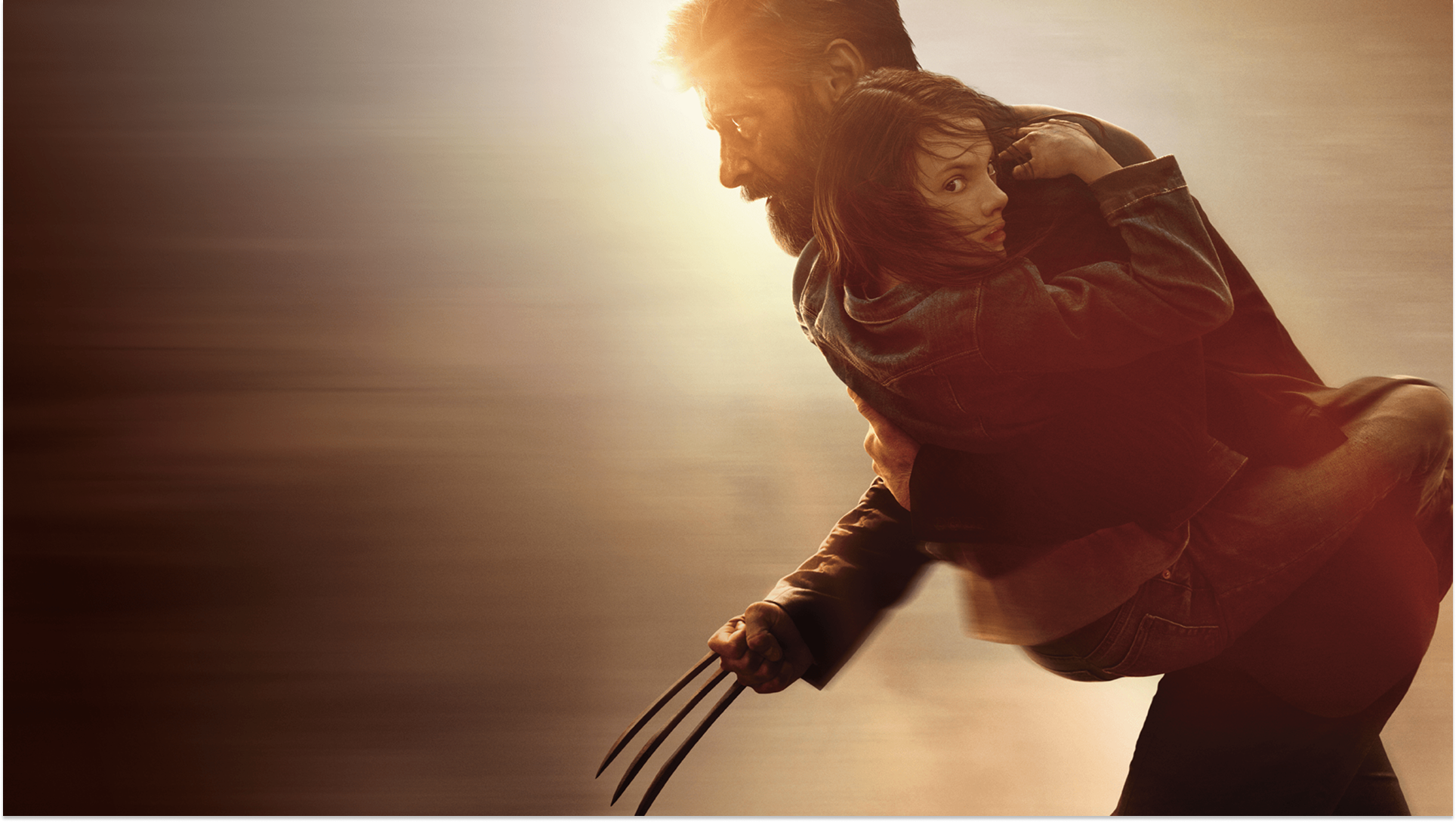 A cinematic, warm-toned image shows Wolverine (Hugh Jackman) running with adamantium claws extended while carrying a young girl, Laura (Dafne Keen), tightly on his back against a bright, hazy background.