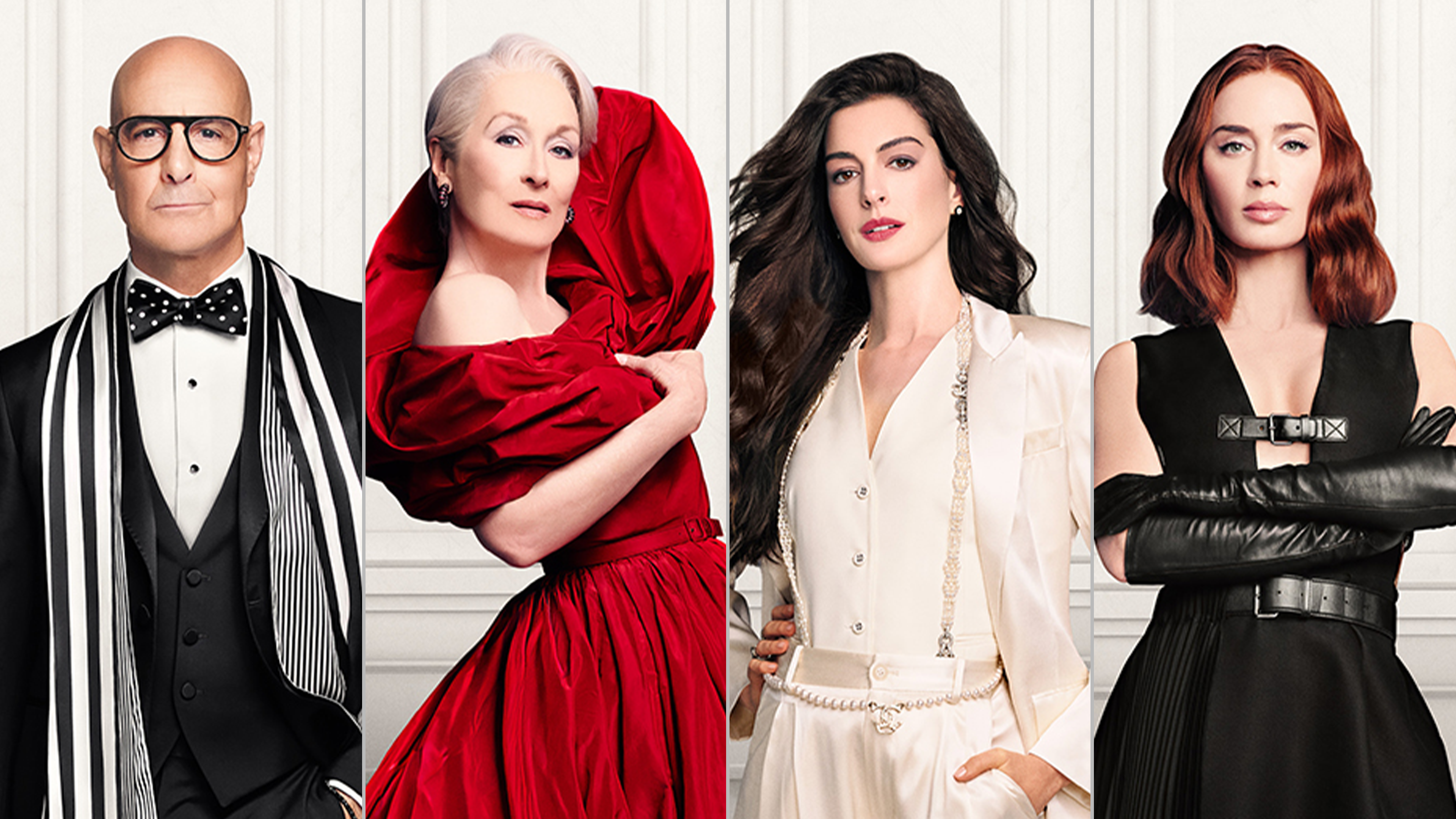 An official promotional image features the core cast of The Devil Wears Prada—Stanley Tucci, Meryl Streep, Anne Hathaway, and Emily Blunt—standing side-by-side in high-fashion black, red, and white outfits against a clean, paneled white background.