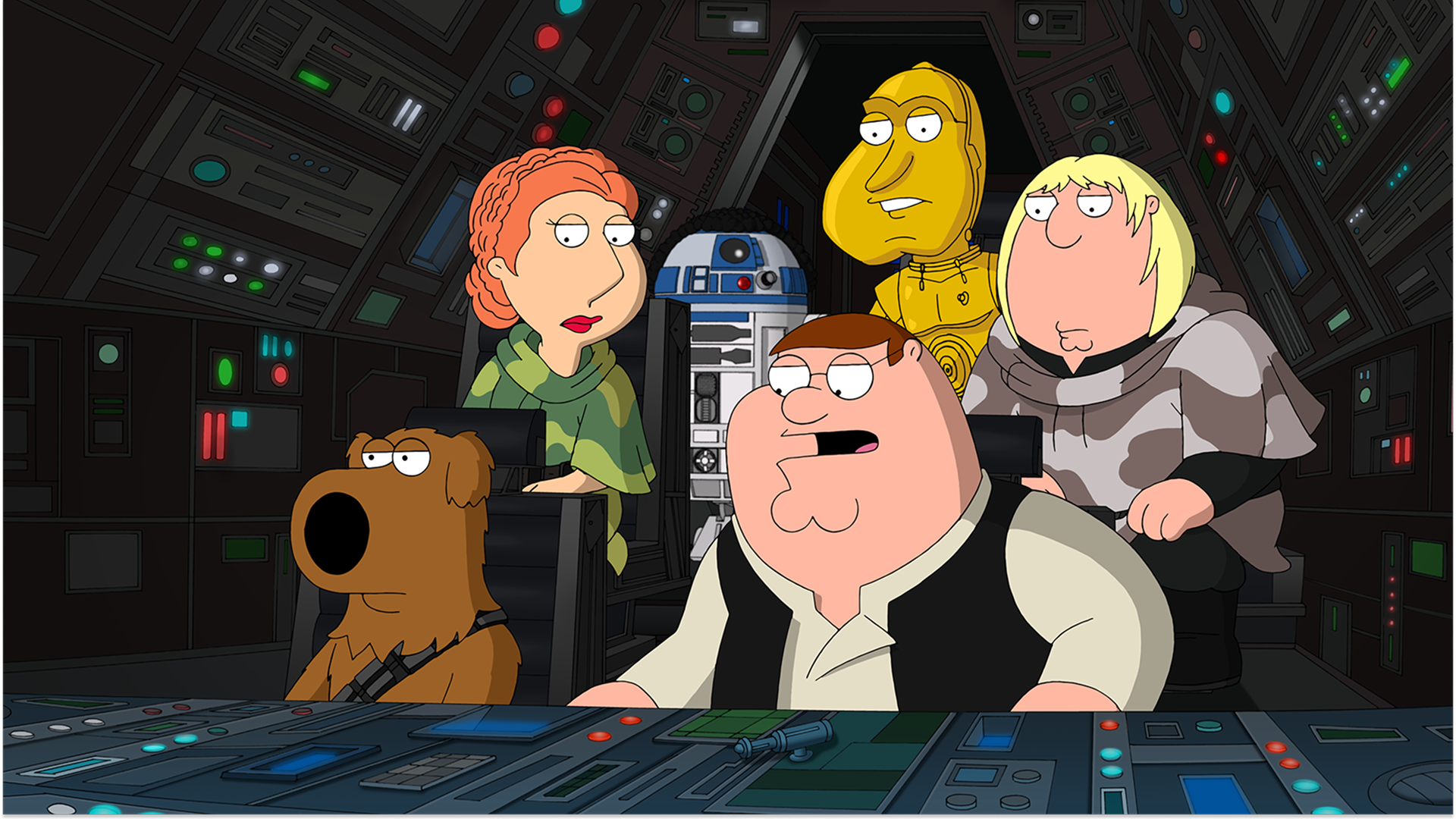 Family Guy characters as Star Wars characters aboard the Millennium Falcon