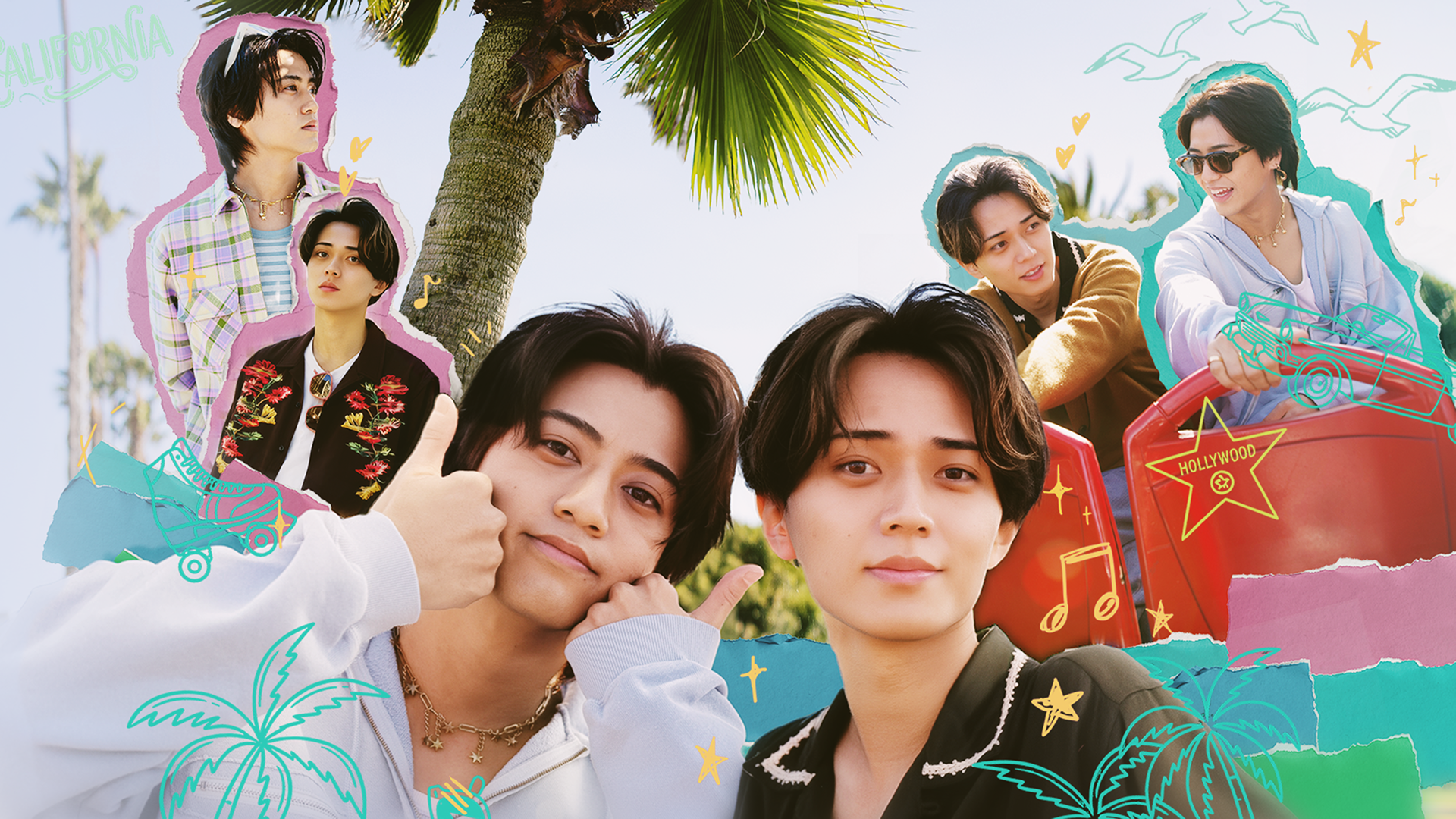 This image shows the Japanese pop duo King & Prince—comprised of members Ren Nagase and Kaito Takahashi—promoting their travel variety series "King & Prince: Our Meet-Up in LA".