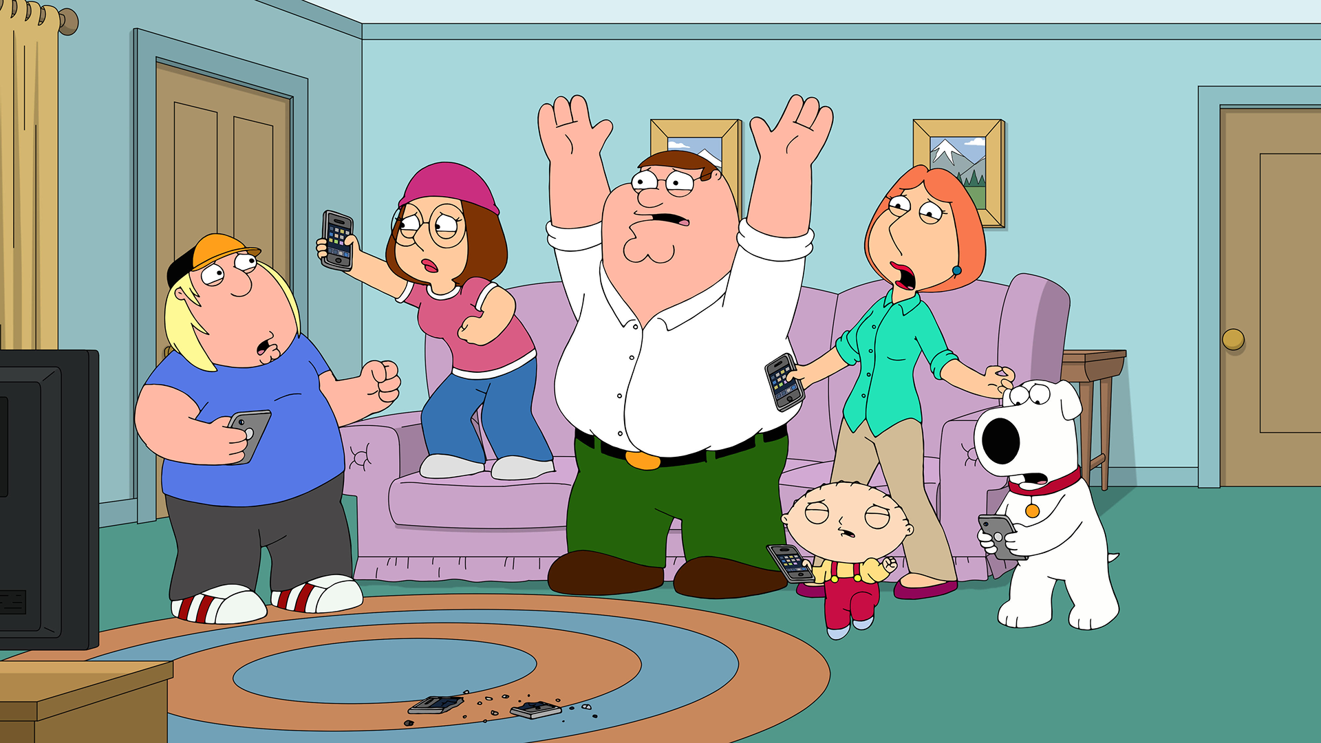 The Family Guy family panicking on their phones in front of the TV in the living room