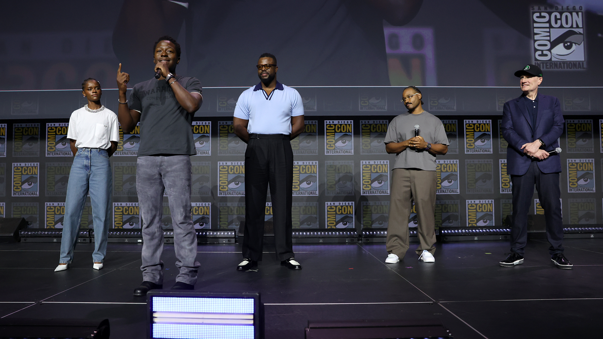 SAN DIEGO, CALIFORNIA - JULY 25: (L-R) Letitia Wright, David Jonsson, Winston Duke, Ryan Coogler and Kevin Feige, President, Marvel Studios speak onstage during the Marvel Studios Panel at 2026 San Diego Comic-Con on July 25, 2026 in San Diego, California. (Photo by Jesse Grant/Getty Images for Disney)