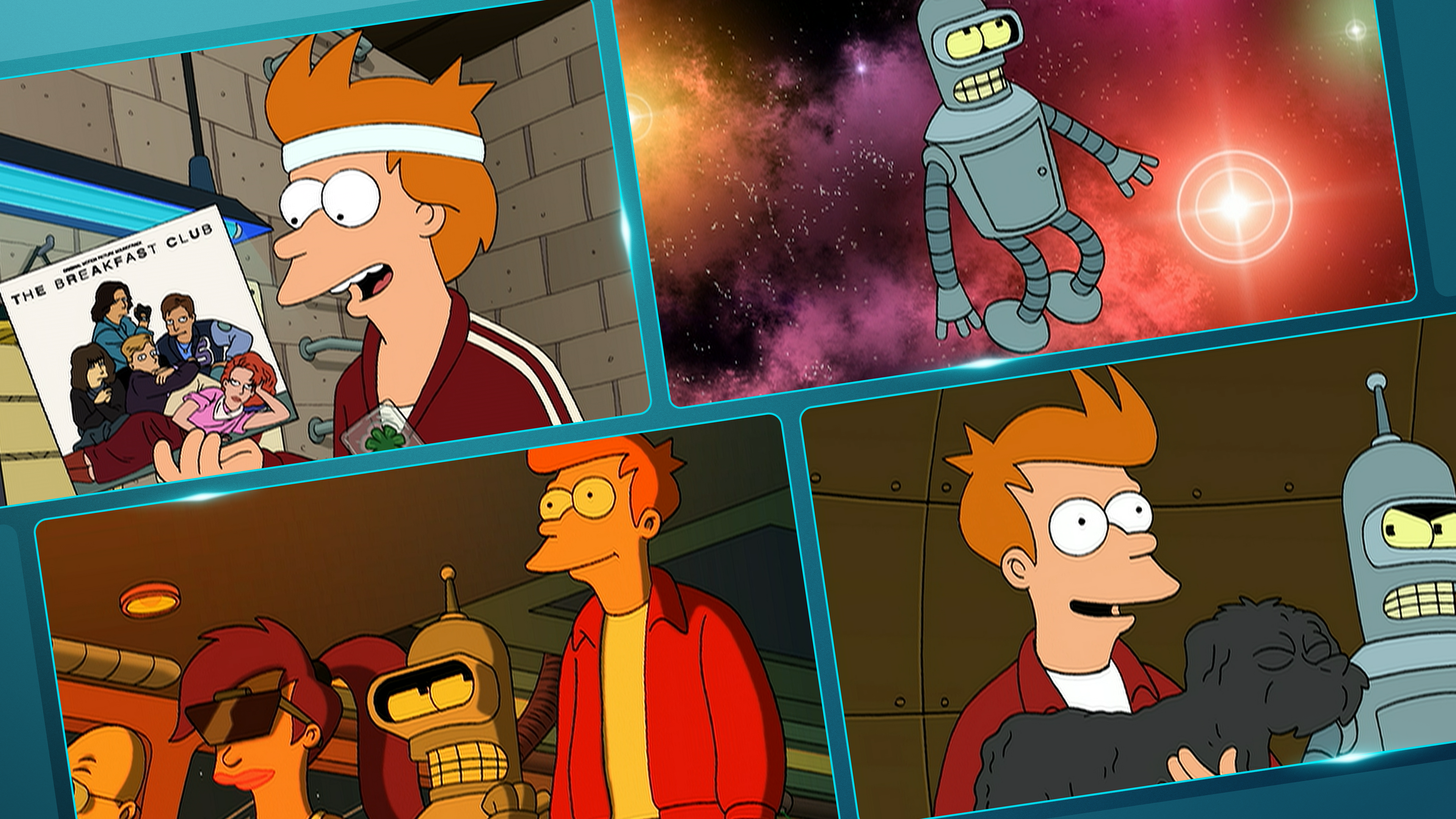 A collage of four scenes from the animated television show Futurama features the characters Fry, Bender, and Leela in various settings, including Fry holding a copy of The Breakfast Club soundtrack and Fry holding a dog.
