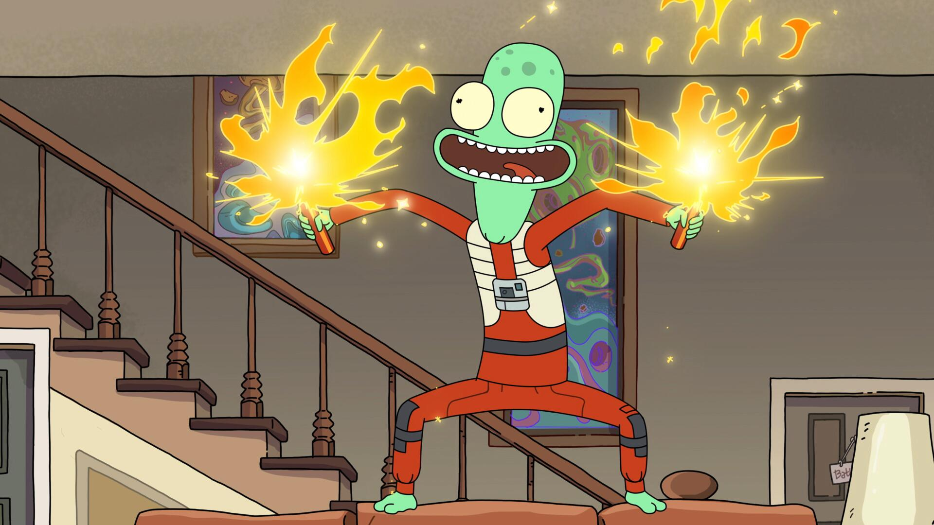 Terry holding two lit flares in Solar Opposites.