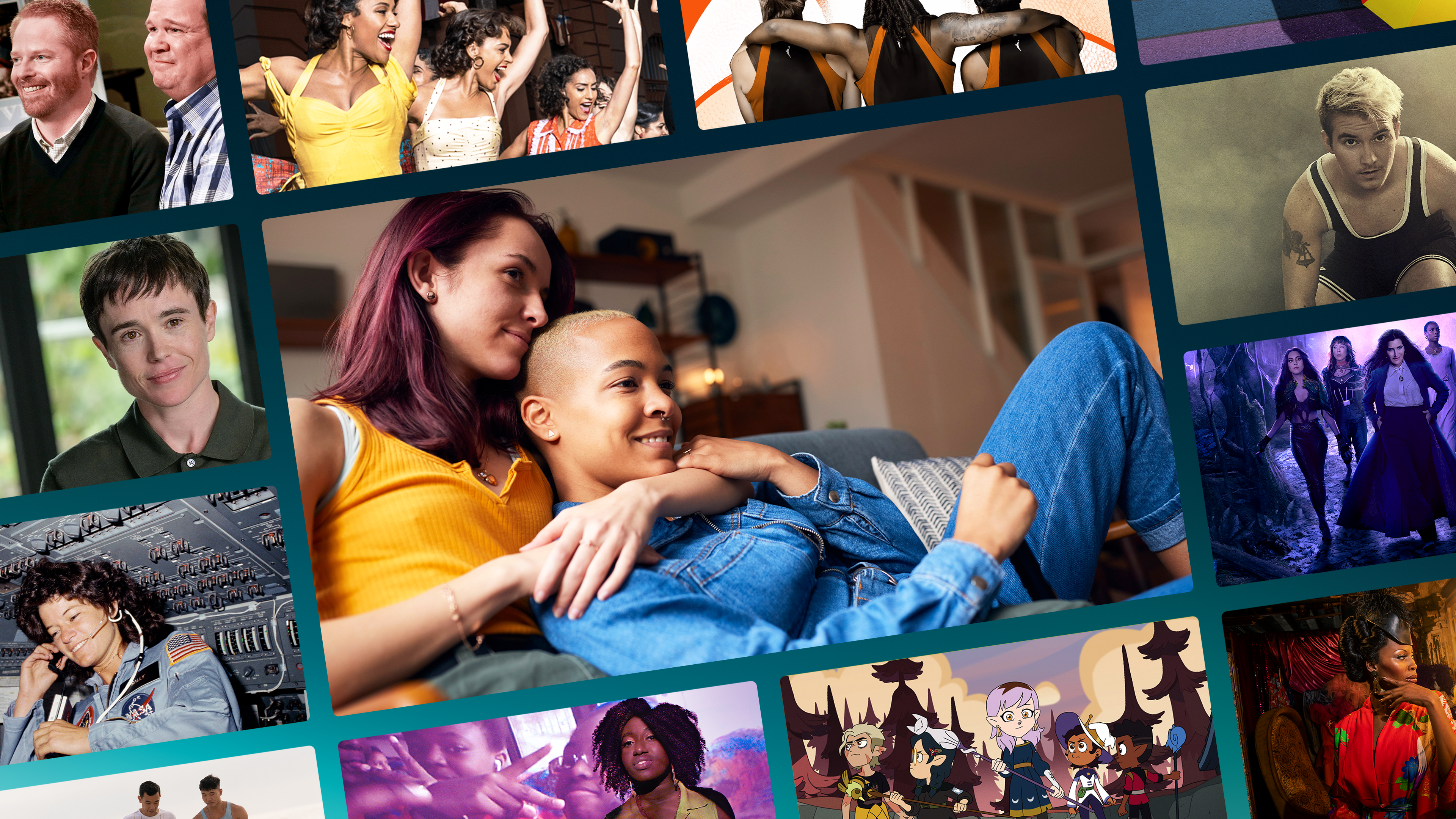 Collage of movies and shows that celebrate Pride around a central image of two women laying together on the couch watching TV.