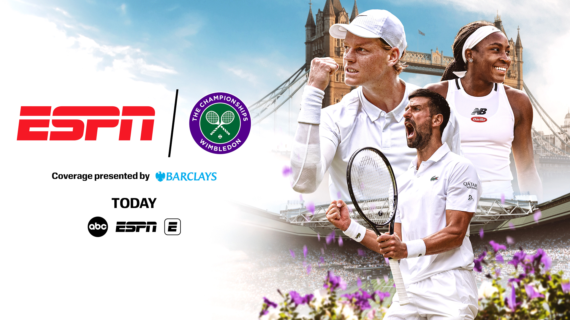This image features promotional artwork for ESPN's coverage of the 2026 Wimbledon tournament, which is scheduled from June 29 to July 12.