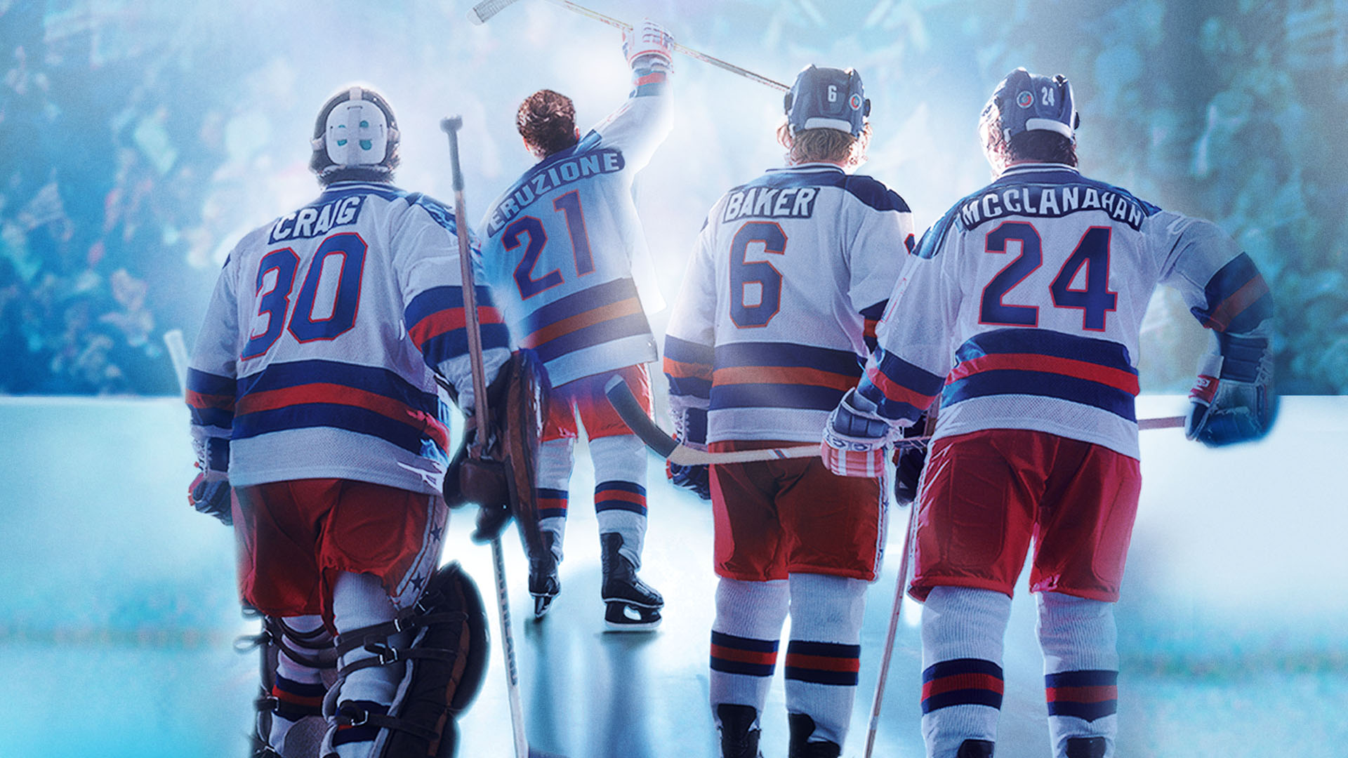 A photo taken from behind of the ice hockey team in Miracle