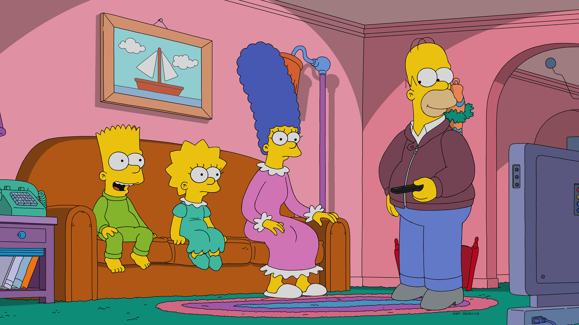 The Simpsons family (Homer, Marge, Bart and Lisa) watching TV on the couch