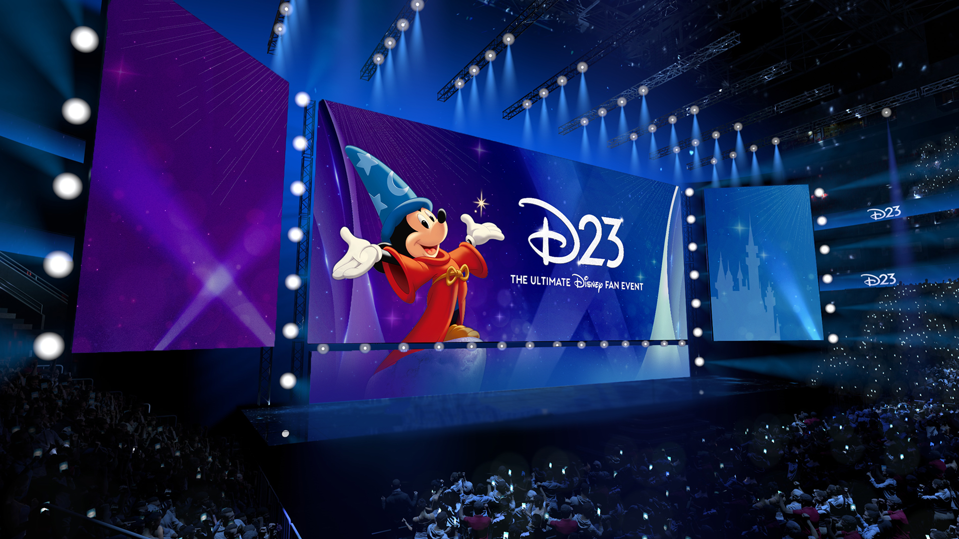A large stadium stage features massive, vibrant purple and blue screens displaying the "D23: The Ultimate Disney Fan Event" logo alongside Sorcerer Mickey Mouse as a crowd watches from below.