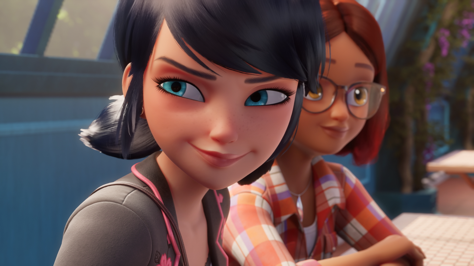 This scene features Marinette Dupain-Cheng and Alya Césaire from the animated series Miraculous: Tales of Ladybug & Cat Noir.