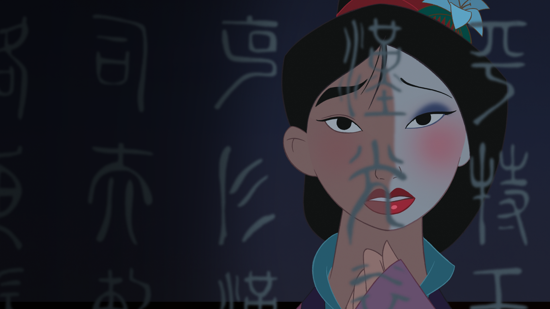 Mulan is shown with half her face painted with traditional makeup and the other half clean, symbolizing her struggle with her inner self and outward appearance