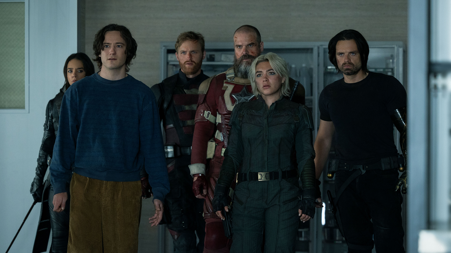 The Thunderbolts team (Bucky, Yelena, John Walker, Ghost, Red Guardian and Bob) grouped together.