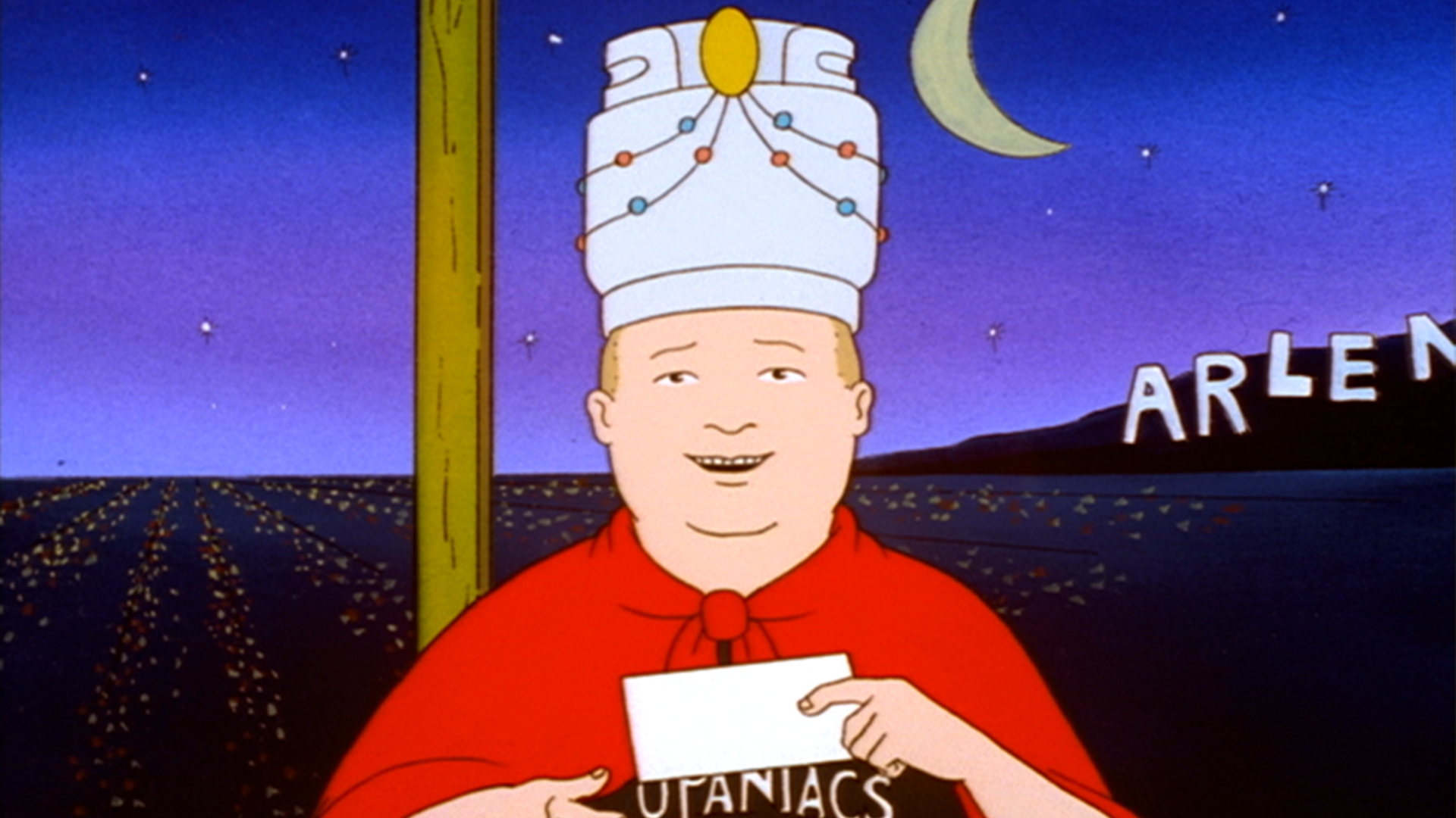 Bobby (Pamela Adlon) smiles in a red costume and tall white hat while performing against a nighttime Arlen backdrop.